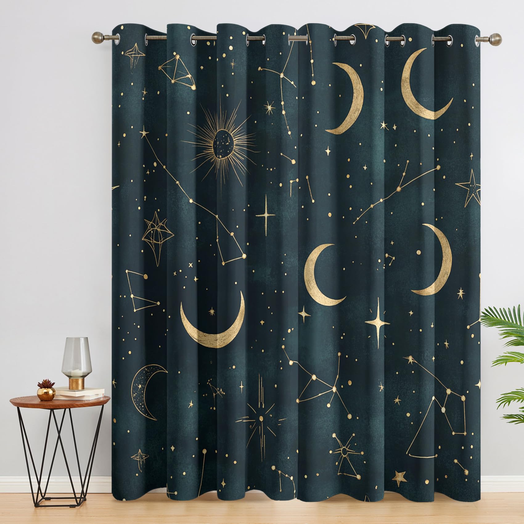 Generisch Vorhang Sterne Mond Blickdicht, Vorhänge Witchy Sternbilder, Fenster Gardinen Schlafzimmer Wohnzimmer, Verdunklungsvorhänge mit ösen, Thermovorhang, 2er Set Curtains, H 175 x B 140 cm Uj55