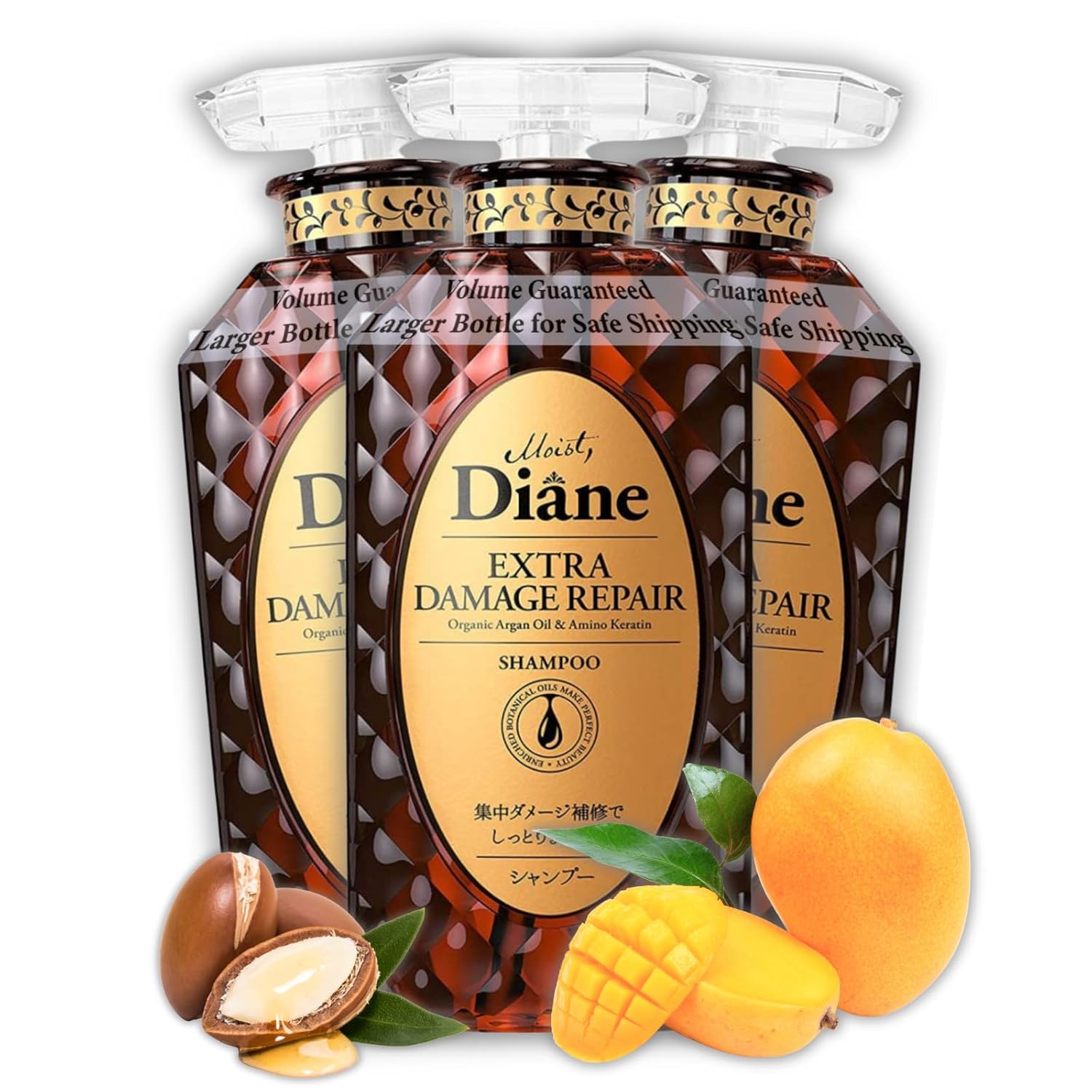 Moist Diane Sulfate Free Shampoo for Damaged & Color-Treated Hair, Natural Keratin Shampoo for Women & Men with Organic Argan Oil & Collagen from Japan, Silicone Free, DAMAGE REPAIR 15.2 Fl Oz, 3EA