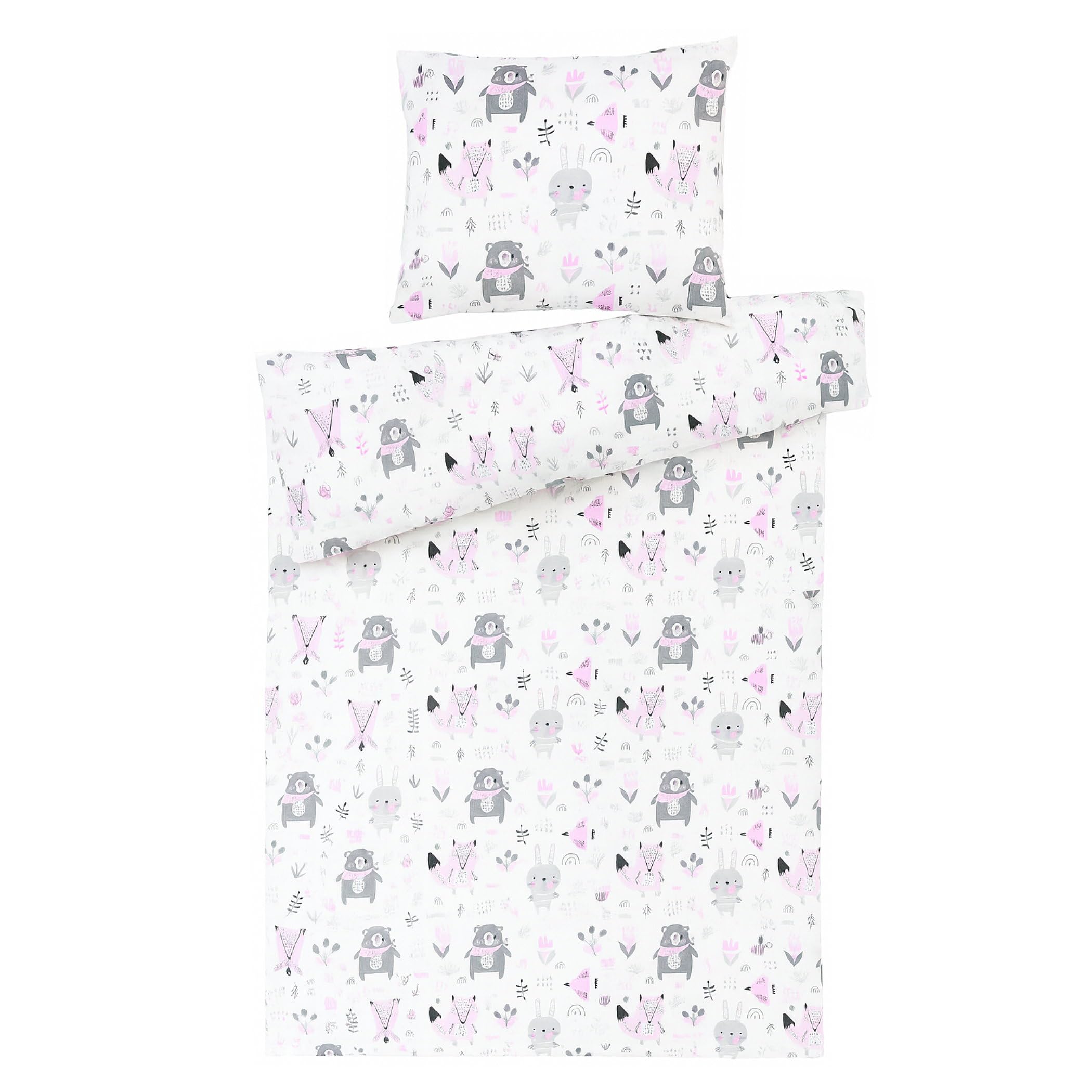 Generisch Baby-Delux Babybett 60x120 cm Mia Kinderbett Komplett Set weiß Matratze Bettwäsche (Waldtiere rosa)