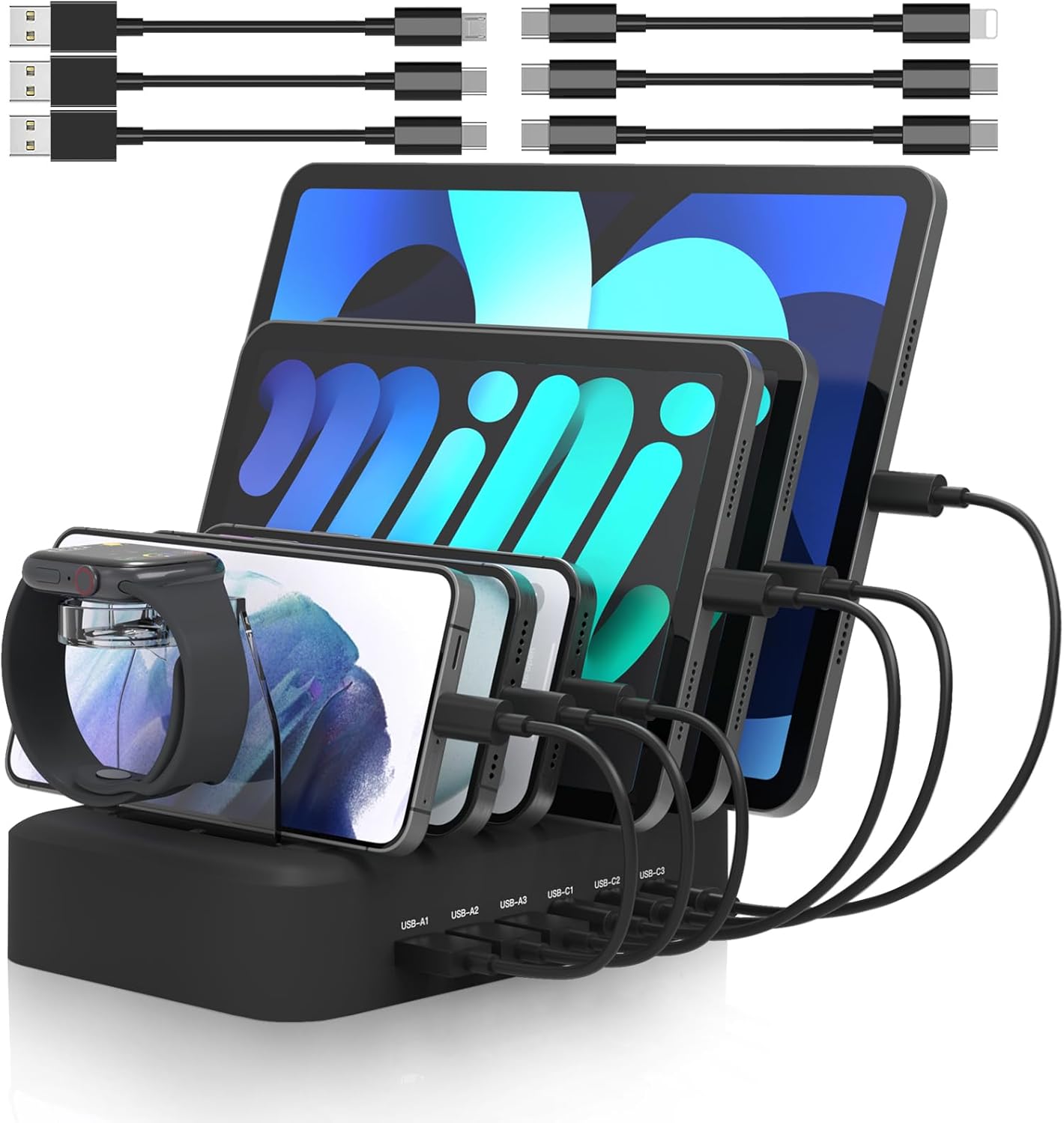 MSTJRY 90W 6-Port USB C Fast Charging Station for Multiple Devices, Multi PD Charger Station for iPhone iPad Tablet Phone, Charging Dock Organizer with Adjustable Dividers for Home Office Classroom