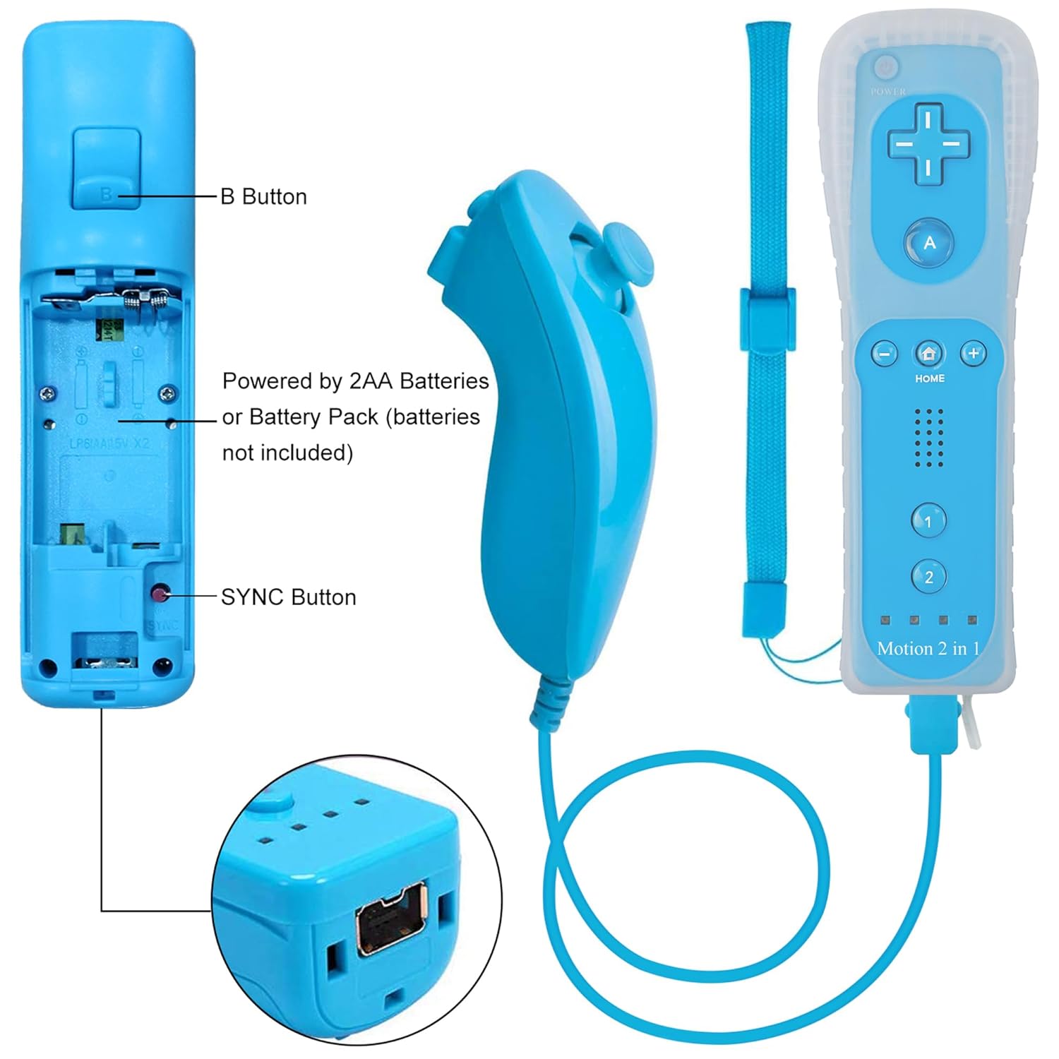 ECRABONE Wii Remotes and Nunchuck Controller 2 Pack, Wii Remote with Motion Plus Compatible with Wii & Wii U Console | Wii Remote Controller with Shock Function (Black + Blue)