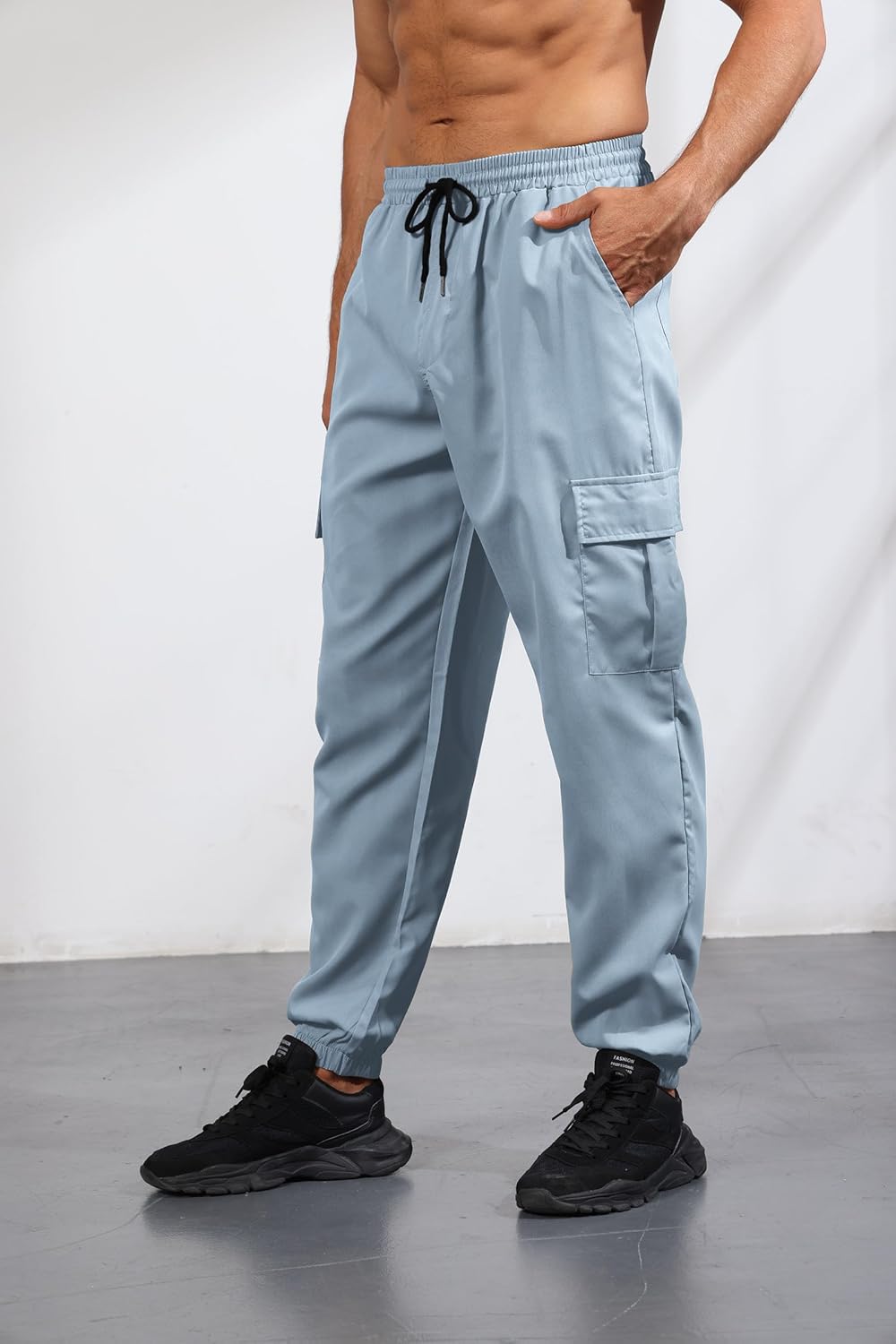 Mens Cargo Pants Casual Lightweight Elastic Waist Drawstring Tapered Pant with Pockets - Image 4