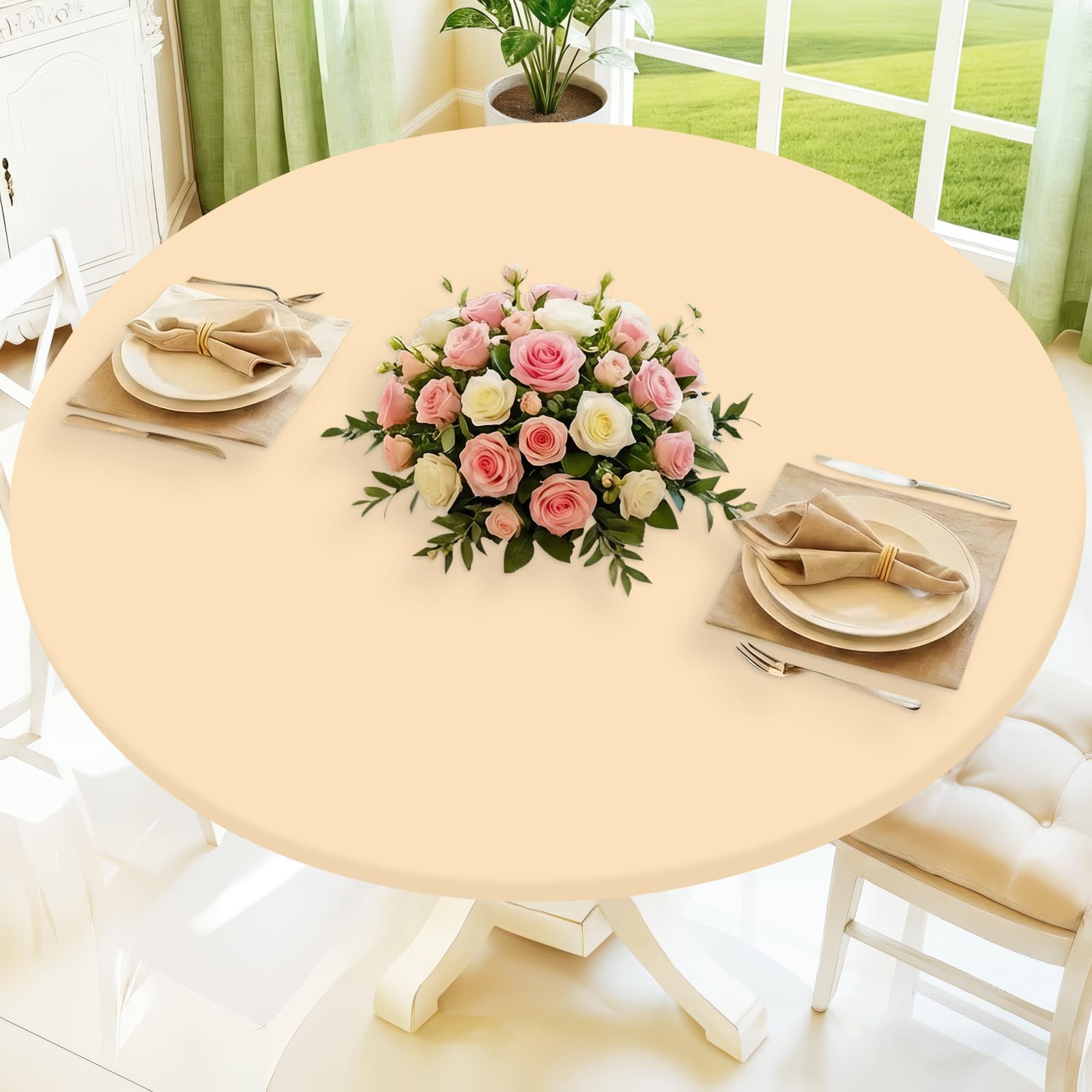 Moosfor Round Spandex Tablecloth, Elastic Fitted Waterproof Tablecloths for 31"-35" Tables, Stretch Washable Picnic Table Cover for Camping, Dining, Indoor and Outdoor,Ivory — image 1