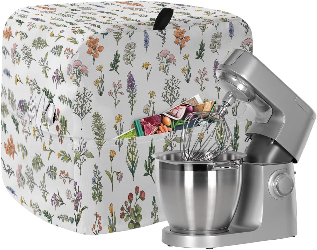 Stand Mixer Cover Colorful Spring Wildflowers Kitchen Mixer Covers with Storage Pocket Handle Waterproof Dust Cover Bloom Petals Leaves Kitchen Mixer Covers for Stand Mixer Accessories 4.5-5 Quart