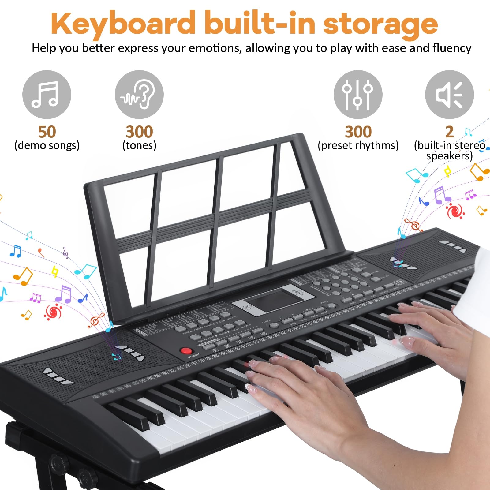 Elektrisches Keyboard 61 Tasten, Keyboard Piano mit Mikrofon Lautsprecher und Notenständer, Anfänger Digitalpiano mit Leuchttasten, 300 Klangfarben und Rhythmen Schwarz EU