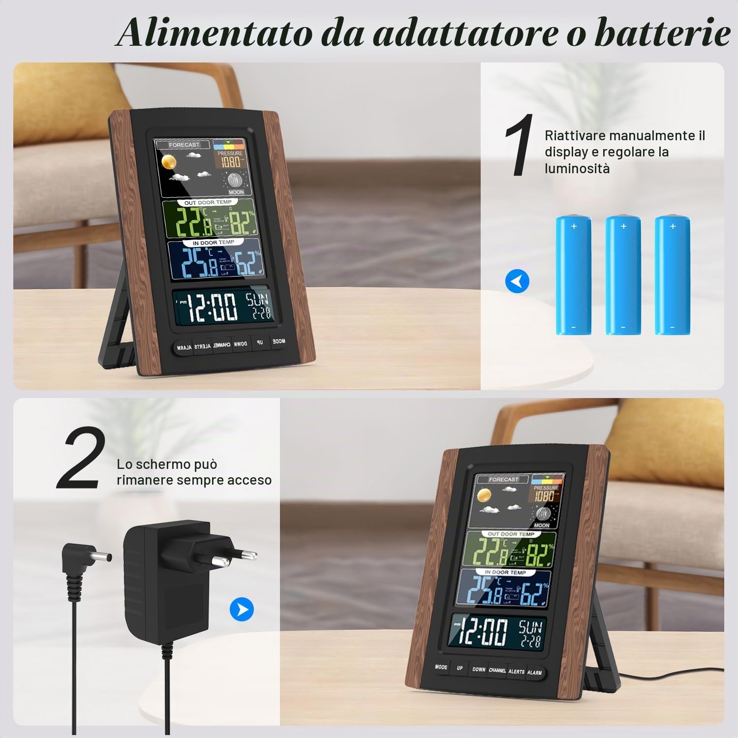 HAPPYMATE Stazione Meteorologica a Colori con Sensore da Esterno,Termometro Lgrometro da Interno e Da Esterno con Ampio Display,Temperatura,Umidità,Previsioni del Tempo,Fasi Lunari e Barometriche