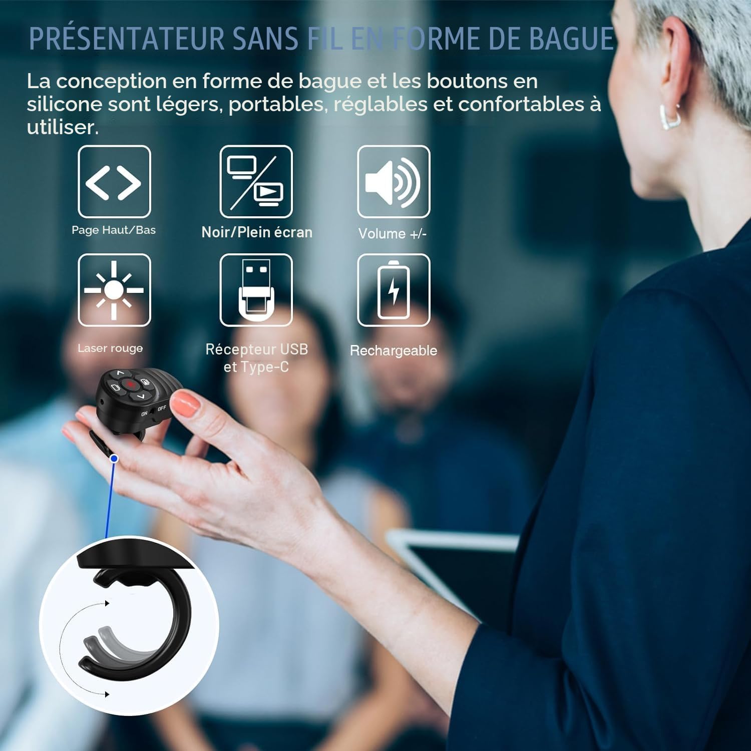 Anneau de Doigt Telecommande Powerpoint Rechargeable Pointeur Presentation USB Type-C 2 en 1 PPT Zapette Wireless Presenter Sans Fils pour Mac iPad PC Portable