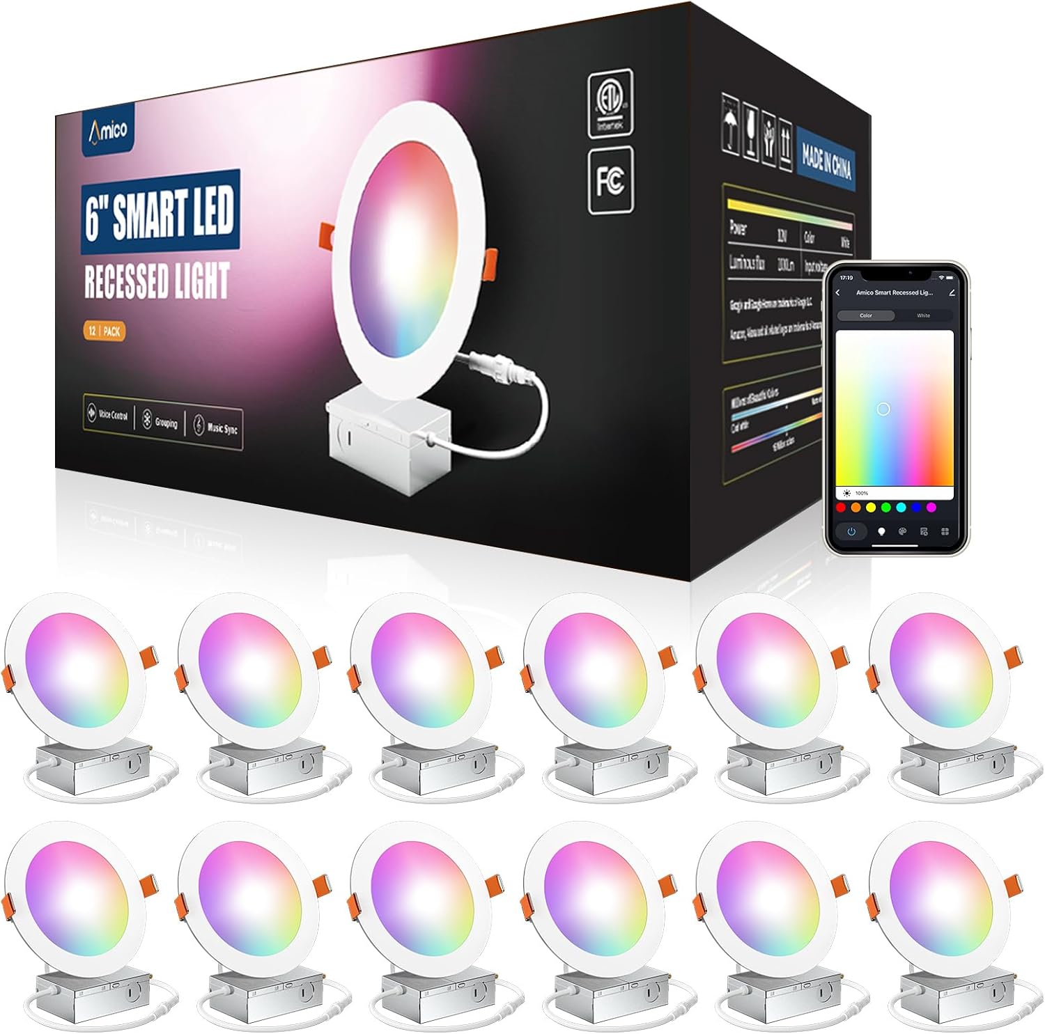 Amico 12 Pack 6 Inch Smart LED Recessed Lighting, WiFi Canless Wafer Downlight with Junction Box, RGB & 2700-6500K Color Changing, 12W=110W 1000LM, Voice&Remote&Group Control