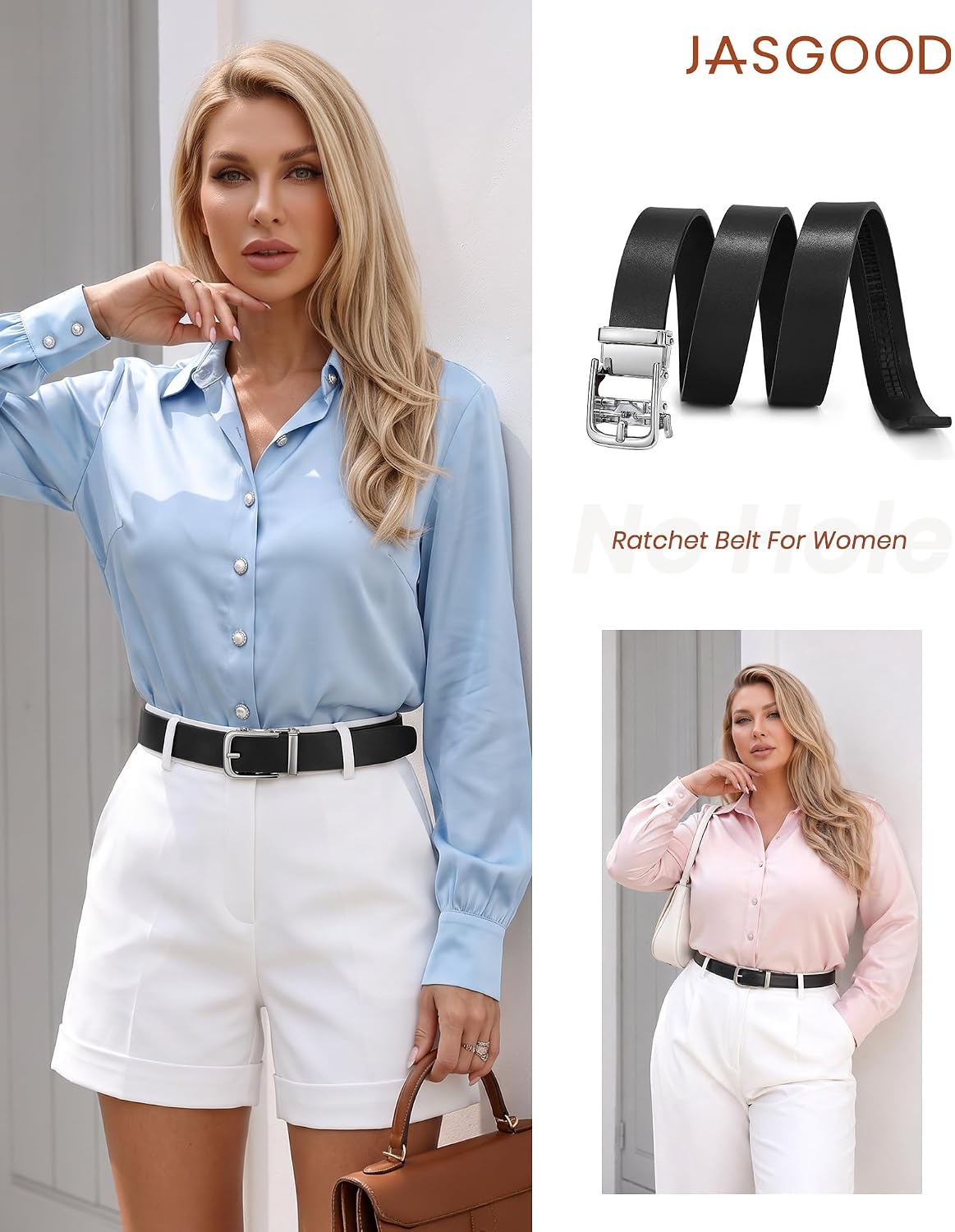 JASGOOD Womens Ratchet Leather Belt for Jeans Dress Pants Automatic Buckle image 2