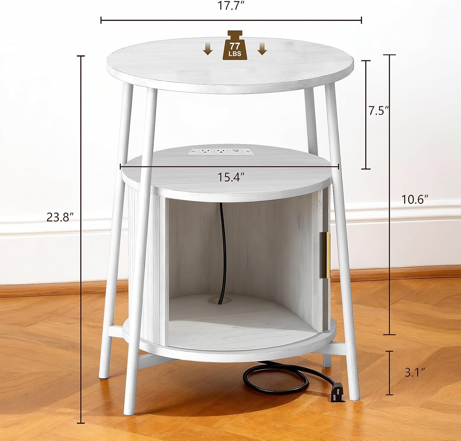 DHH Round End Tables with Charging Station, Fluted Accent Side Table with Sliding Door, Mid-Century Modern Nightstand for Small Space Storage, Living Room, Bedroom,Sofa Couch(1, White)