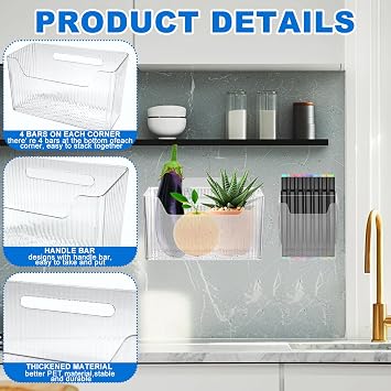 8 Pcs Storage Organizer Bins - Wall Mounted Basket in 2 Sizes, Clear Cabinet Door Stackable Adhesive Hanging Bin for Bathroom, Kitchen, Pantry
