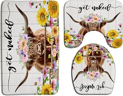 Miniatura 5 de Juego de 3 alfombrillas de baño de vaca de las tierras altas de granja con diseño de animales de granja divertidos del oeste, retrato de toro largo,