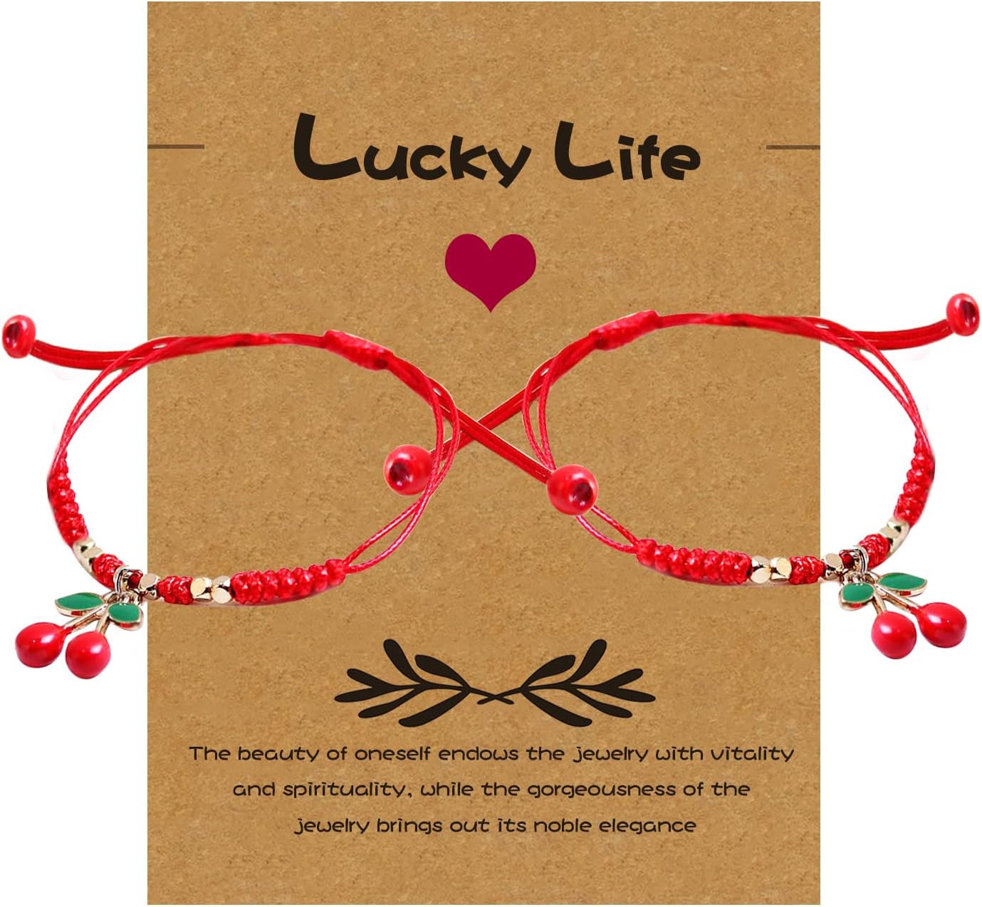 HUJUON 2Pcs Summer Fruit Strawberry Cherry Bracelets Sets,Handmade Weave Red Rope Adjustable Bracelet Protection Jewelry for Couple Best Friends