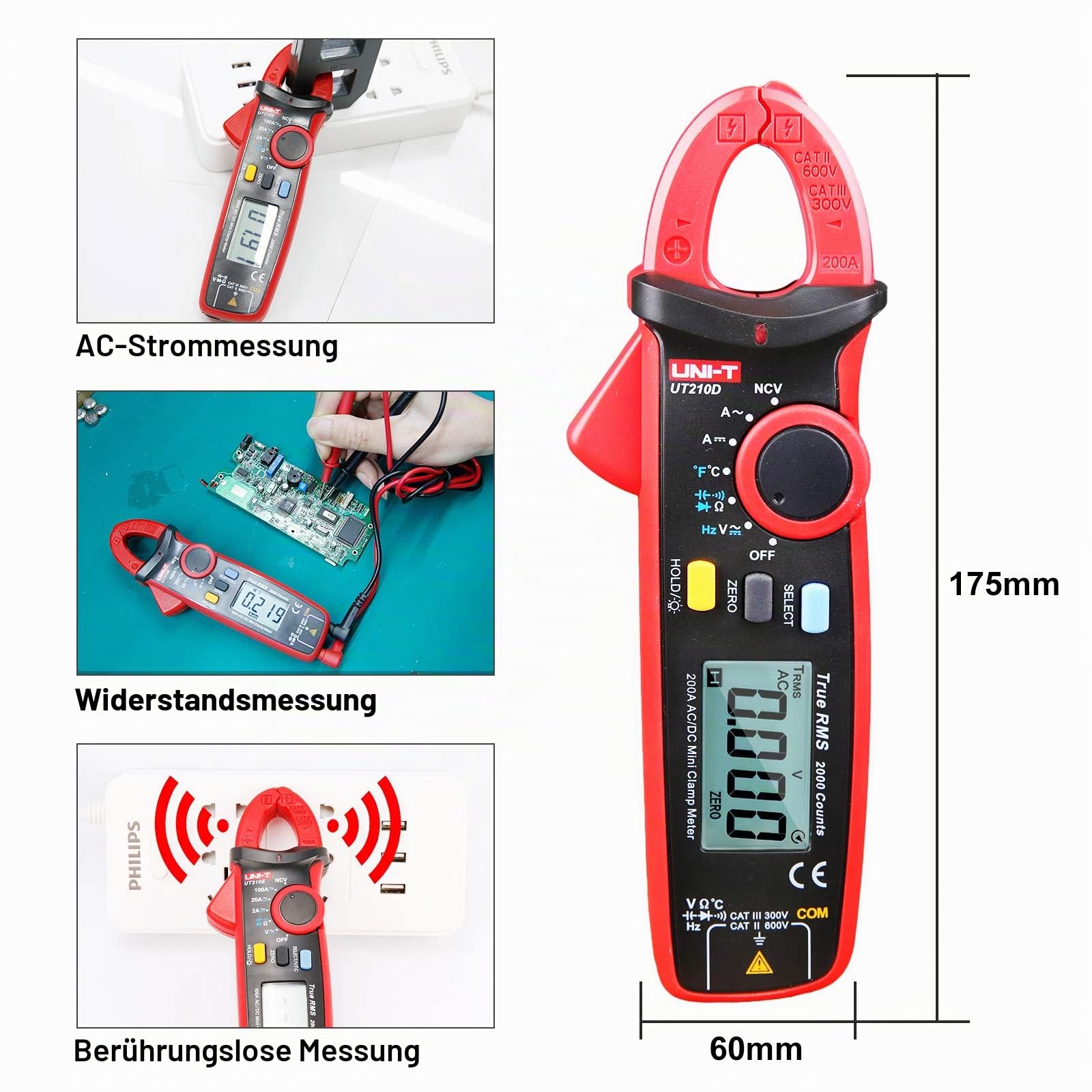 UNI-T UT210D Digitales Mini-Zangenmessgerät 200A AC DC Strom True RMS Zange Amperemeter Spannung Frequenz Temperatur Tester Multimeter mit Krokodilklemme