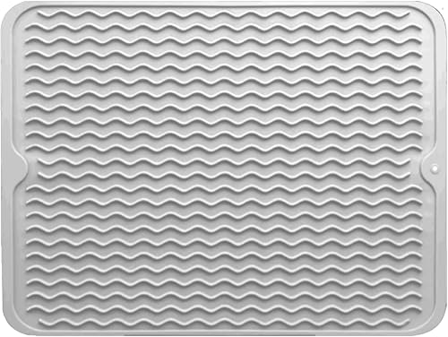 Tapete de secado de silicona de 16 × 12 Tapete antideslizante gris para fregadero para encimera de cocina, resistente al calor, almohadilla de