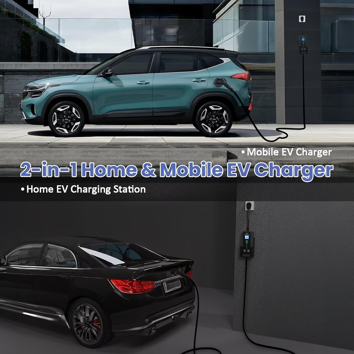 Two scenarios showing the EV charger in use: one mounted on a wall for home charging and another as a mobile charger for outdoor use