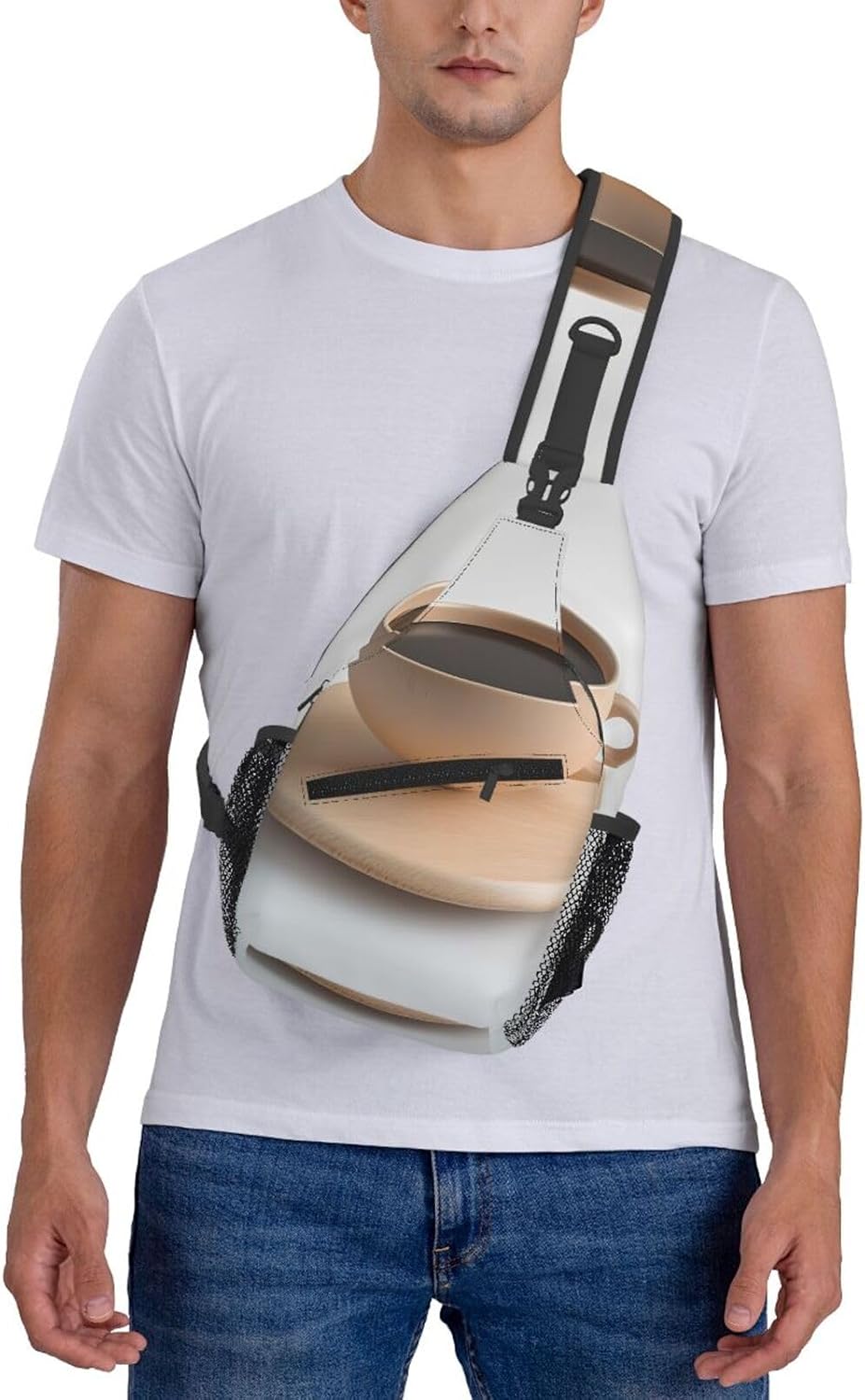 Men's Coffee cup on table Print Crossbody Sling Bag - Casual Shoulder Backpack with Adjustable Strap for Running, Hiking & Daily Commutes