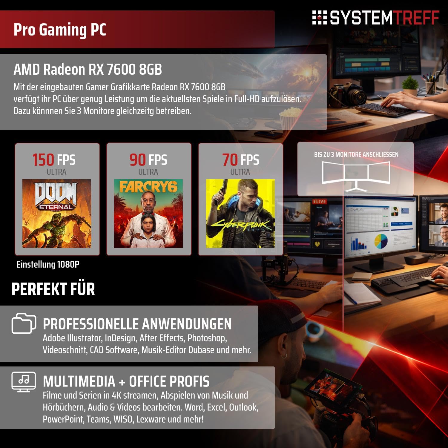 SYSTEMTREFF Office PC - AMD Ryzen 5 5500 - RX 7600 8GB | AMD 6-Kern CPU bis 4.2 GHz, 16GB DDR4, 512GB M.2 NVMe SSD, AMD Grafik WLAN, Windows 11, für Büro, Business