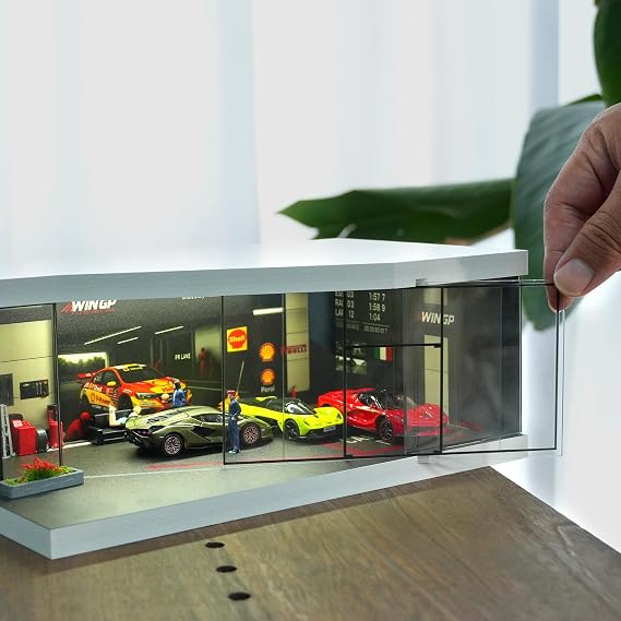 1/64 Scale Metal Die-Cast Car Display Case with Lighted Parking Lot Scene for Hot Wheels Series Cars (Racing Car Maintenance Showroom)