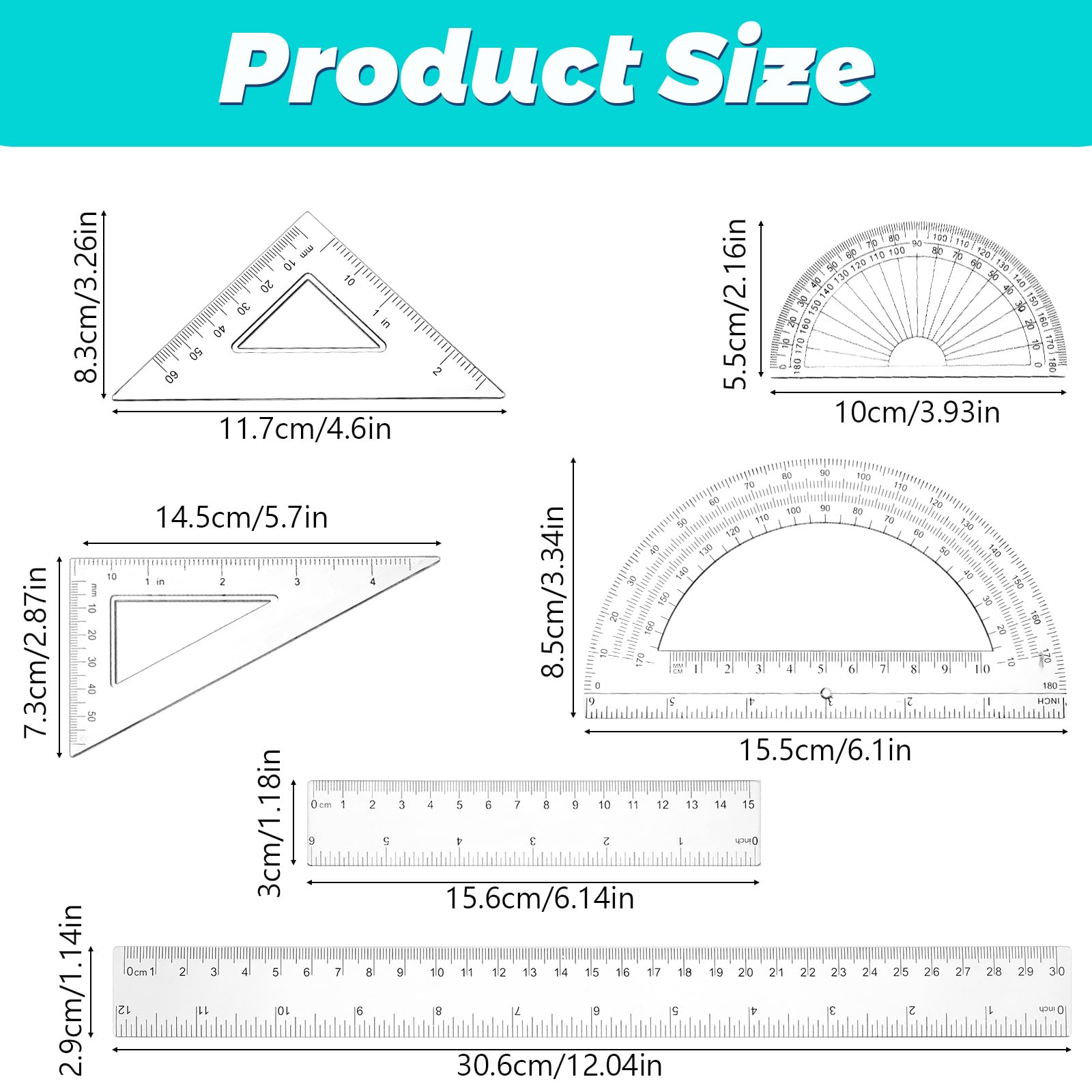 6PCS Small Clear Ruler 1 Set Plastic Geometry Set Includes 12 Inch 6 Inch Student Transparent Straight Rulers, 6" 4" Math Protractor, 30/60 and 45/90 Triangle Kids Ruler for School Office Supplies - Image 2