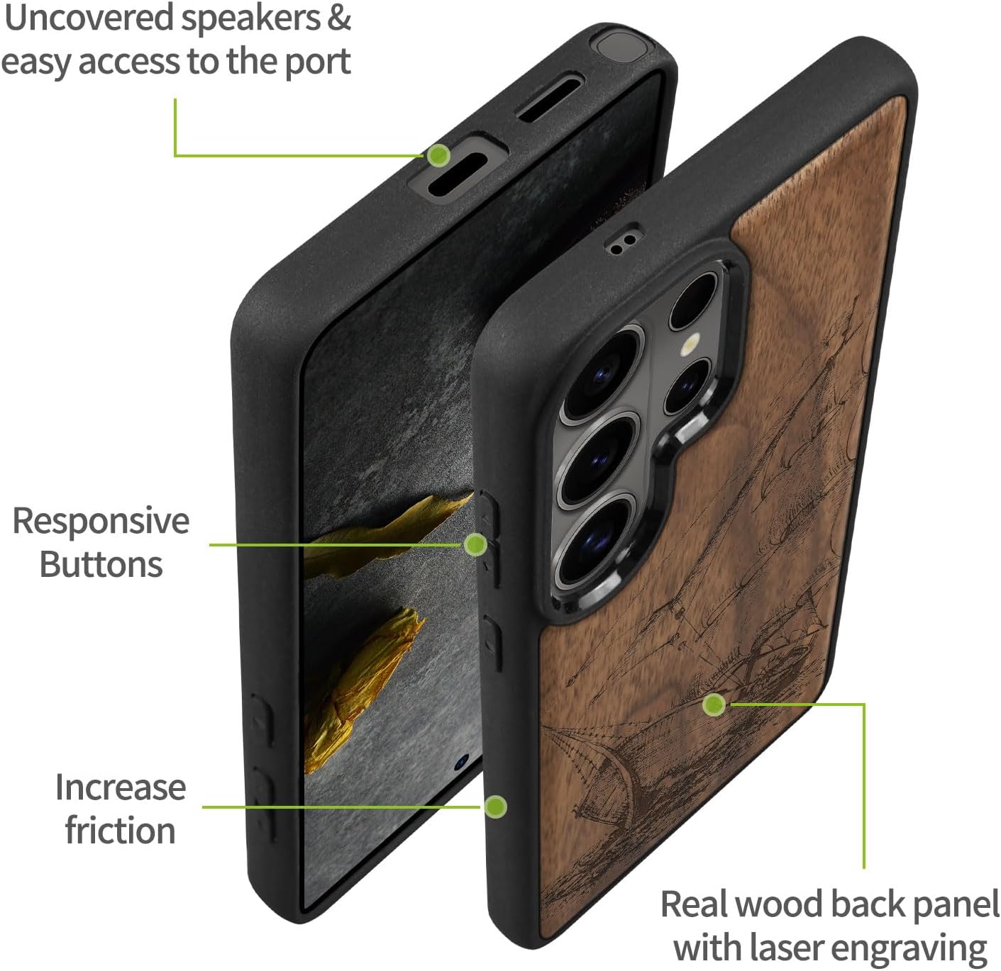 Carveit Magnetic Wooden Case for Samsung Galaxy S26 Ultra Case 2026, TPU Shockproof Cover & Wood Artisan Engraved, Compatible with MagSafe Wireless Chargers (Timeless Sailing Ship) Walnut