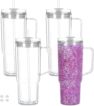 40 OZ Reusable Acrylic Snow Globe Tumbler with Handle and Pre Drilled Hole, Plastic Double Wall Snowglobe Tumbler with Clear Lid and Straw , （4 Pack）