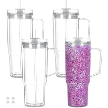 40 OZ Reusable Acrylic Snow Globe Tumbler with Handle and Pre Drilled Hole, Plastic Double Wall Snowglobe Tumbler with Clear Lid and Straw ,  4 Pack