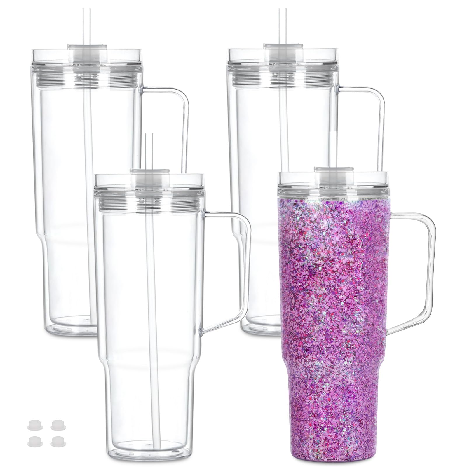 40 OZ Reusable Acrylic Snow Globe Tumbler with Handle and Pre Drilled Hole, Plastic Double Wall Snowglobe Tumbler with Clear Lid and Straw , （4 Pack）