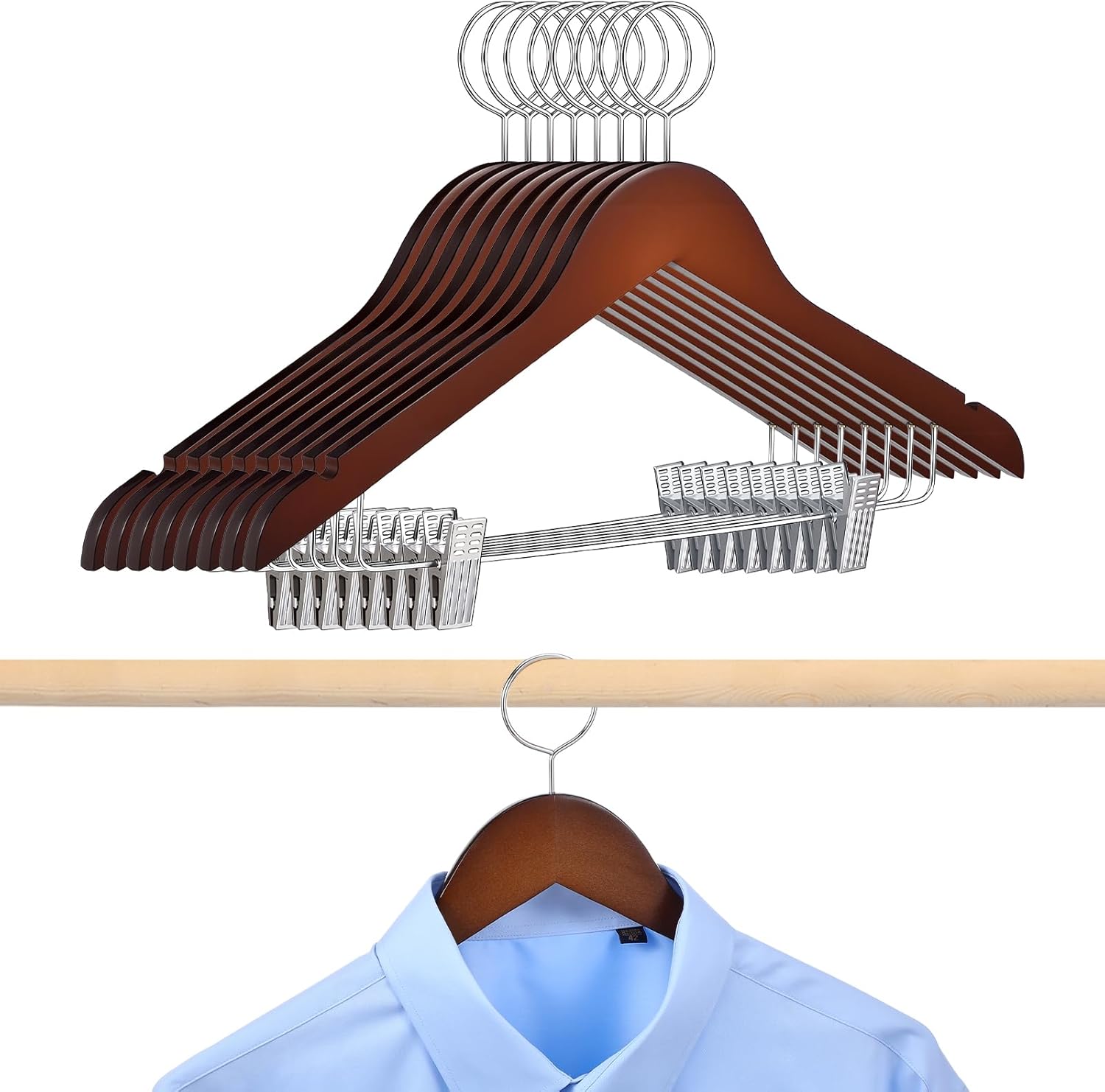 AceOrbit 8 Pack Wooden Security Hangers with Clips 16.3" Hotel Suit Hangers with Anti Theft Ring Hook for Hotels RVS Closets Heavy Duty Wood Metal Pants with Non Slip Notches