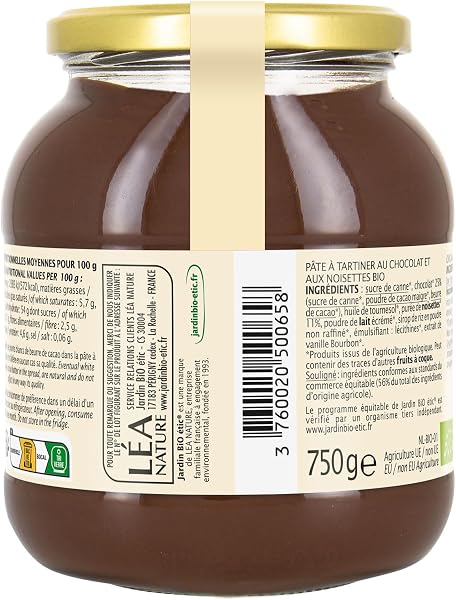 Jardin BIO étic - Pâte à tartiner chocolat noisette bio - Sucré - Certifié AB - Pot de 750g - 4