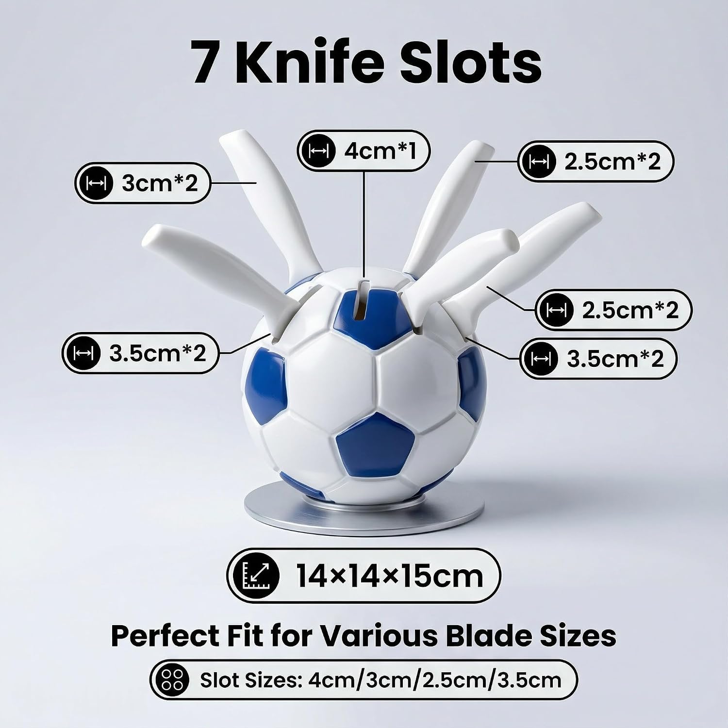 Soccer Ball Knife Holder for Kitchen - Football Theme 7-Slot Knife Block, Fun Countertop Organizer for Chef & Fruit Knives, Creative Sports Fan Decor & Gift Idea (Blue)