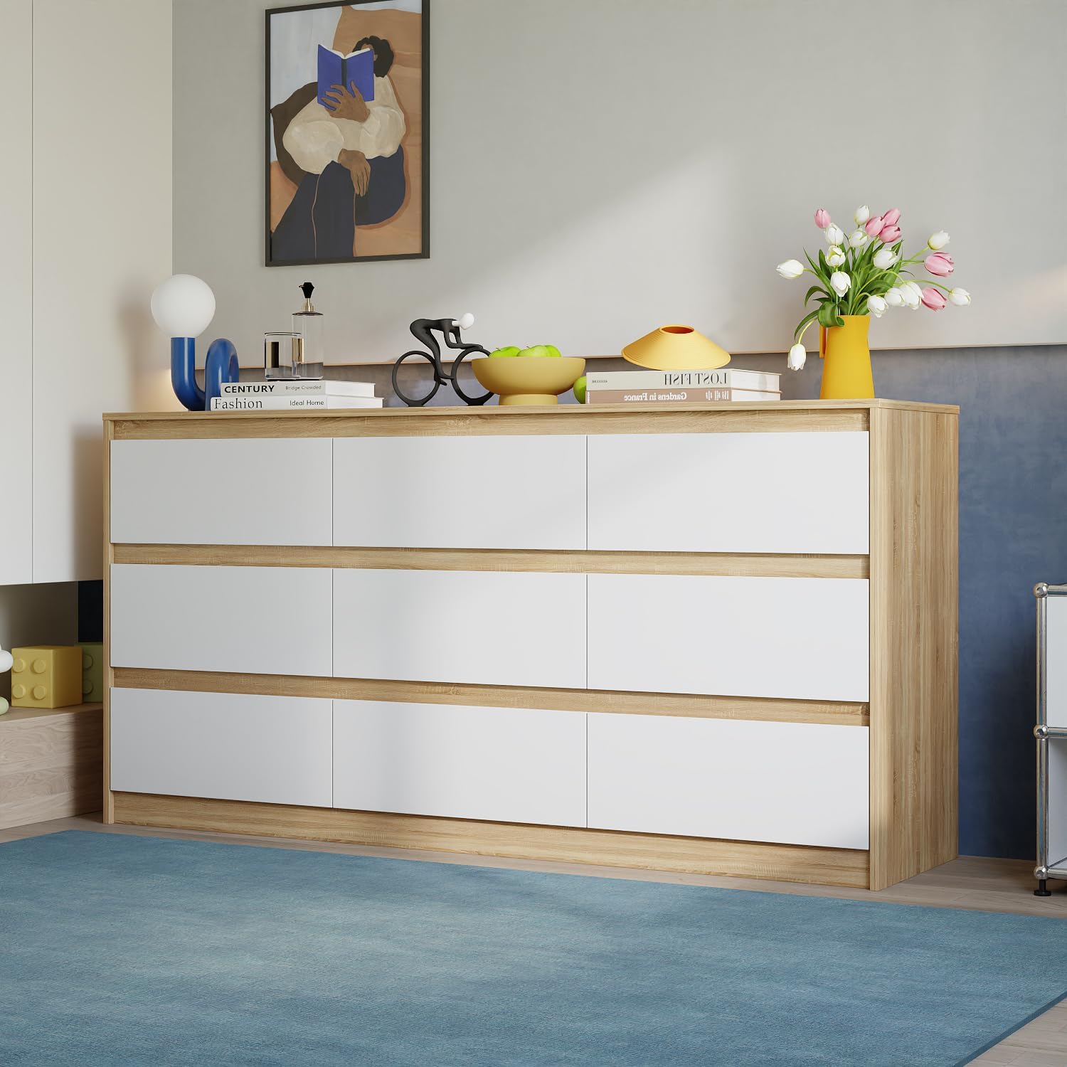 9 Drawer Double Dresser for Bedroom, 63" Wide Modern Chest of Drawers with 9 Deep Drawers, Wooden Easy Pull Long Drawer Dresser, White