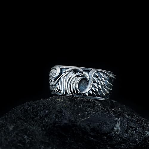 Vista 4 de Sterling Silver Eagle Ring, American Eagle Ring, Winged Bird Band, Mens Eagle Biker Ring, 925 Silver Hawk Band
