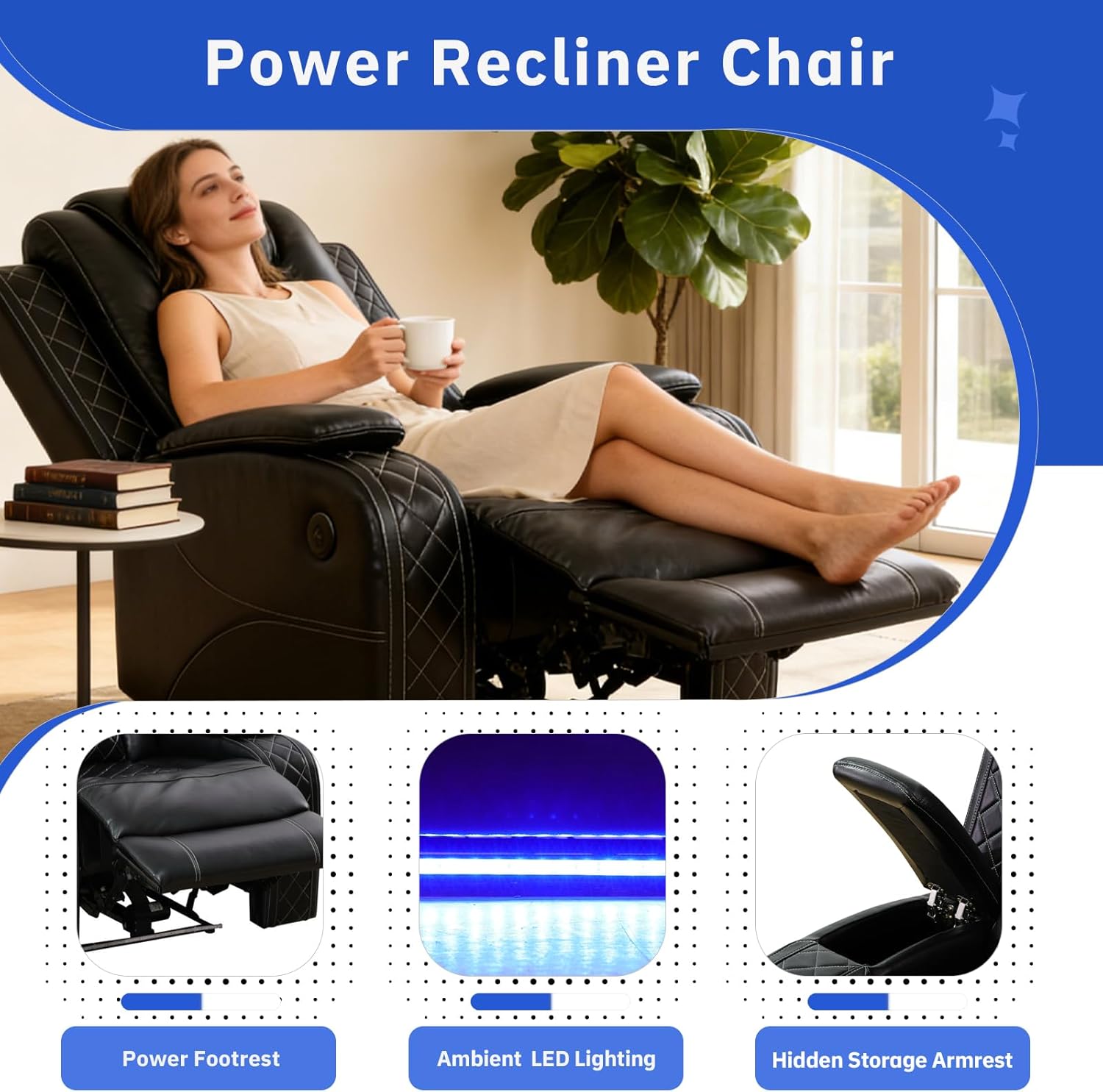 Power Recliner Sofa Set, Living Room Furniture Sets, Leather Sectional Sofa Set with Reclining Chair, LED Lights, Cup Holders, Storage Console for Home Theater (Black)