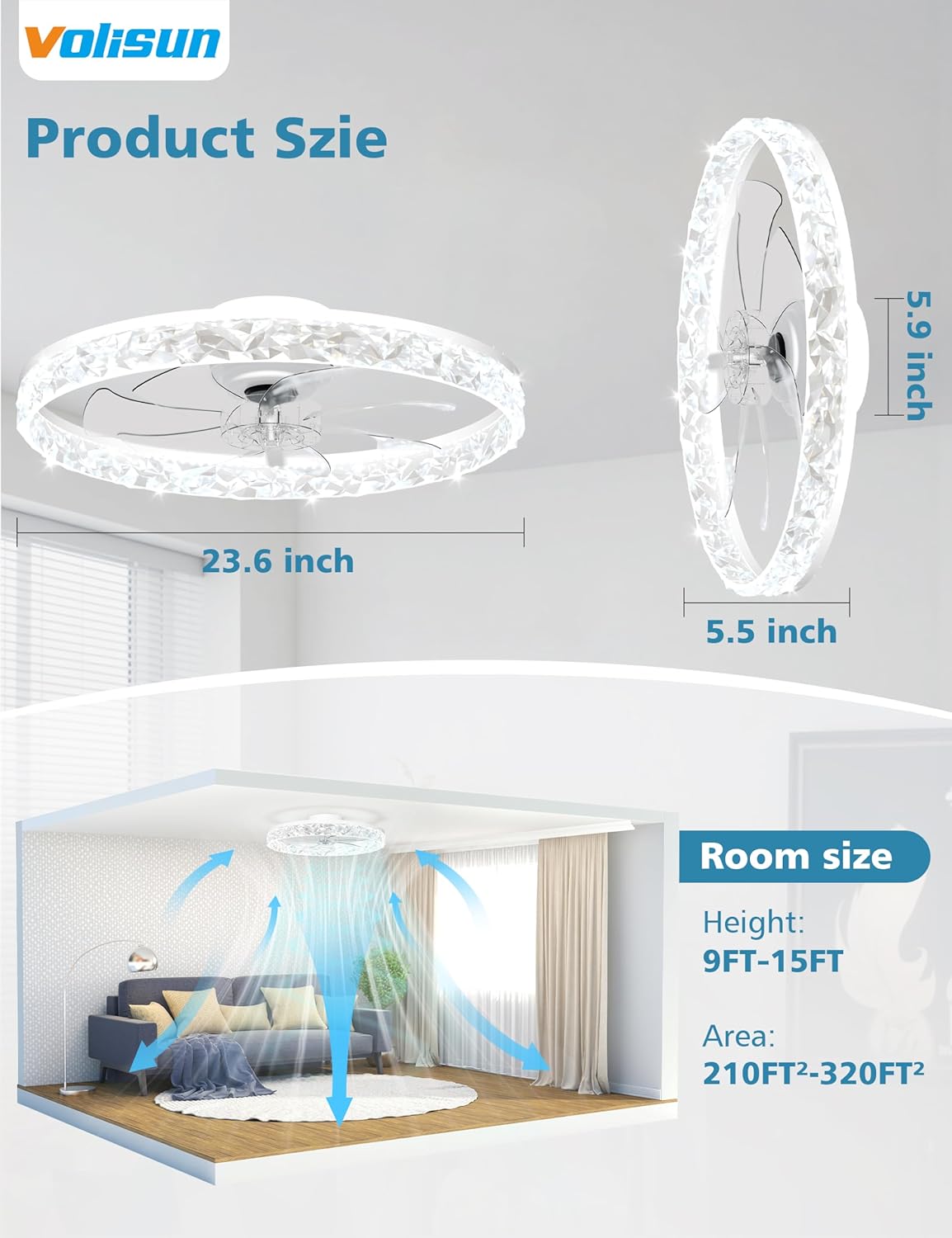VOLISUN Low Profile Ceiling Fan with Lights and Remote, 24in Modern Ceiling Fans Flush Mount, 3000K-6500K Dimmable Bladeless LED Fan Light, White Fandelier Ceiling Fans with Lights for Bedroom