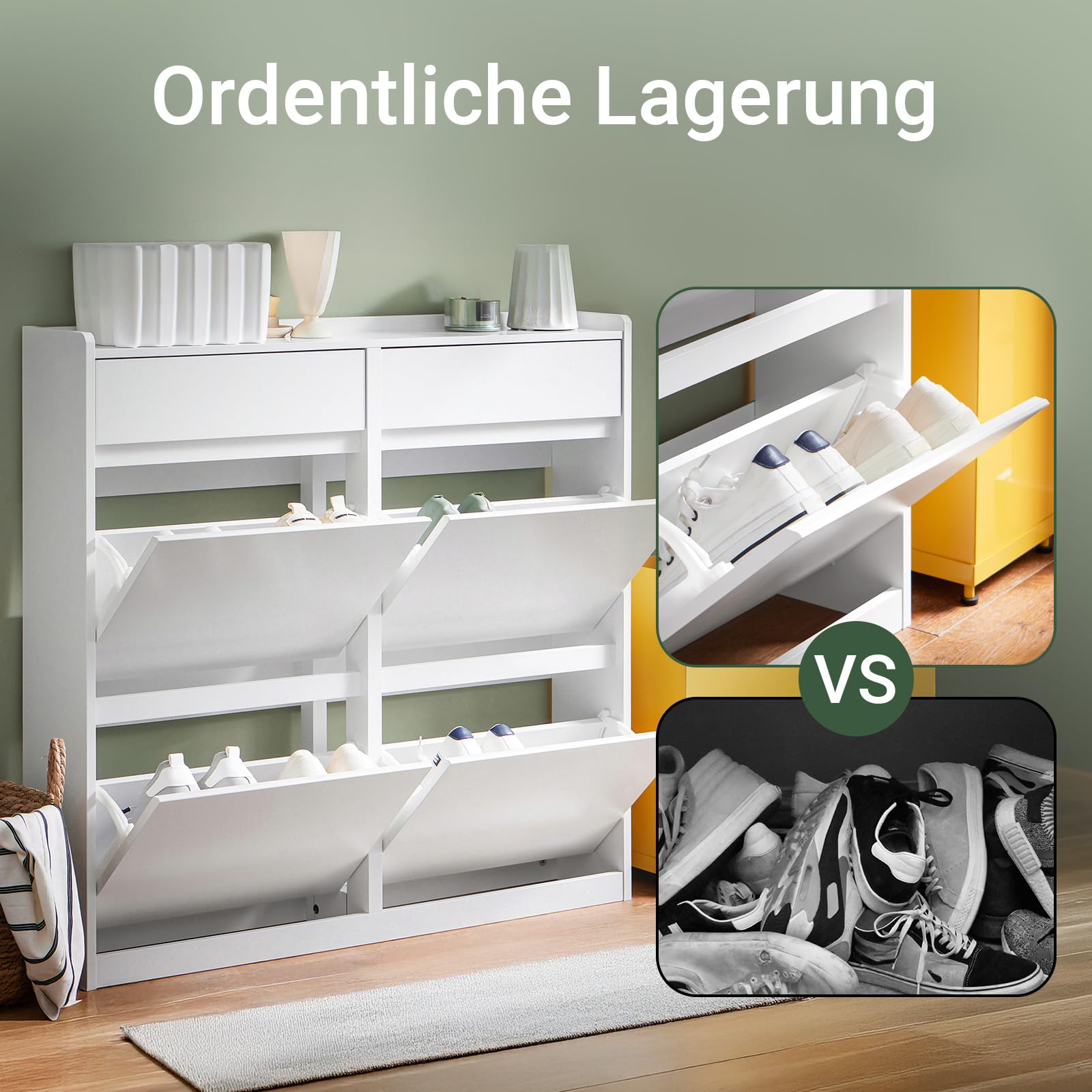 SoBuy Schuhkipper mit 4 Klappen Schuhablage Schuhschrank schmal Schuhregal mit 4 Ablageflächen Schuhkommode Weiß BHT ca. 98x95x19cm FSR169-W