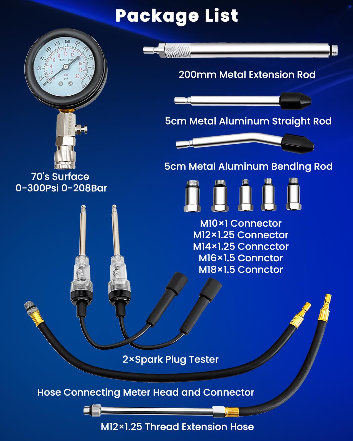 SIXIWANZI 13 Piece Engine Compression Tester Kit, 0-300 PSI Compression Tester Automotive with Spark Plug Tester, Small Engine Compression Tester with M10 M12 M14 M16 M18