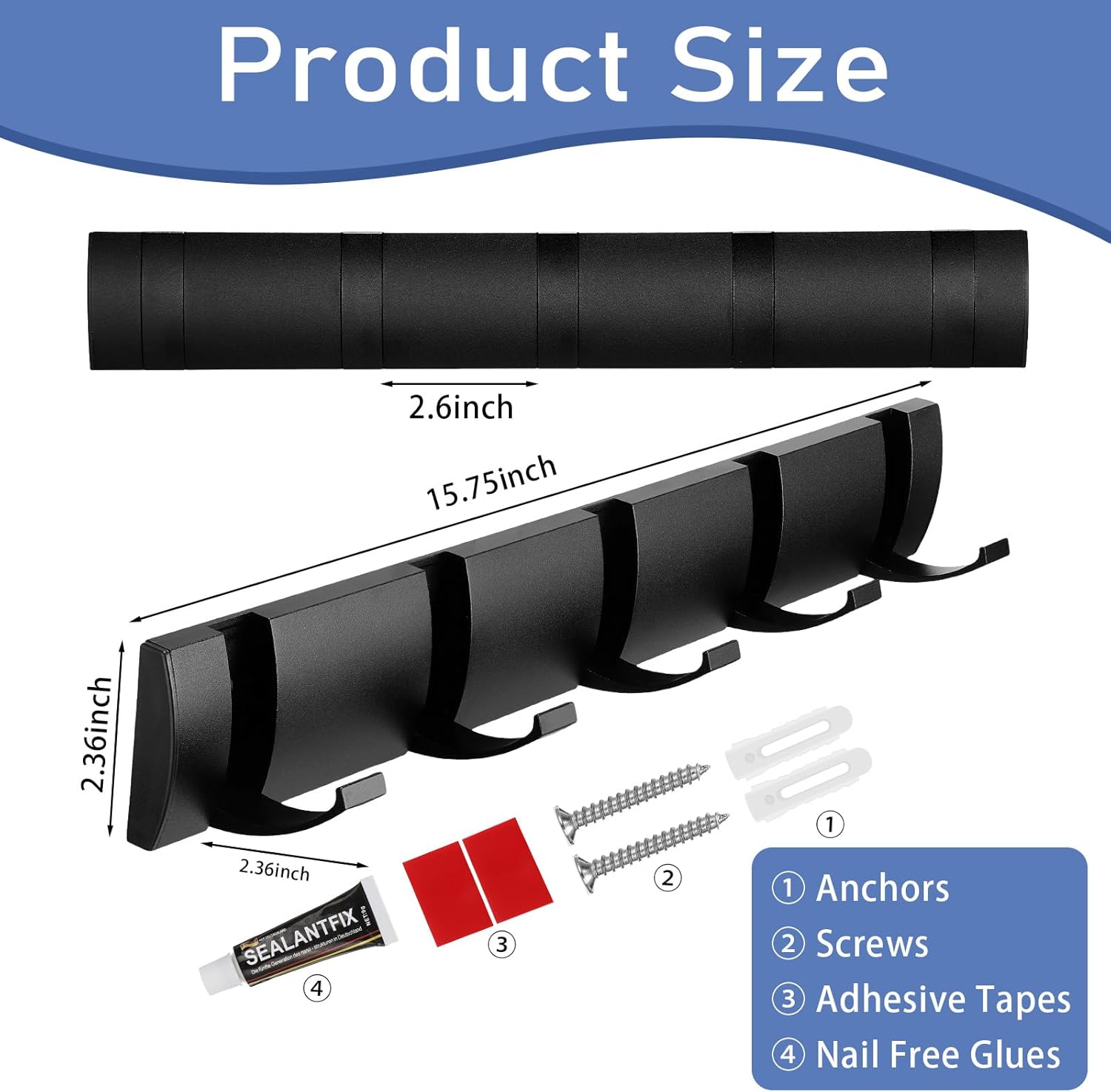 Wesiti 2 Pack Wall Mounted Coat Rack, Floating Door Wall Coat Rack with Retractable Hooks Aluminum Space Saving Hangers Hook Rail for Entryway Bathroom Hat Towel(Black)