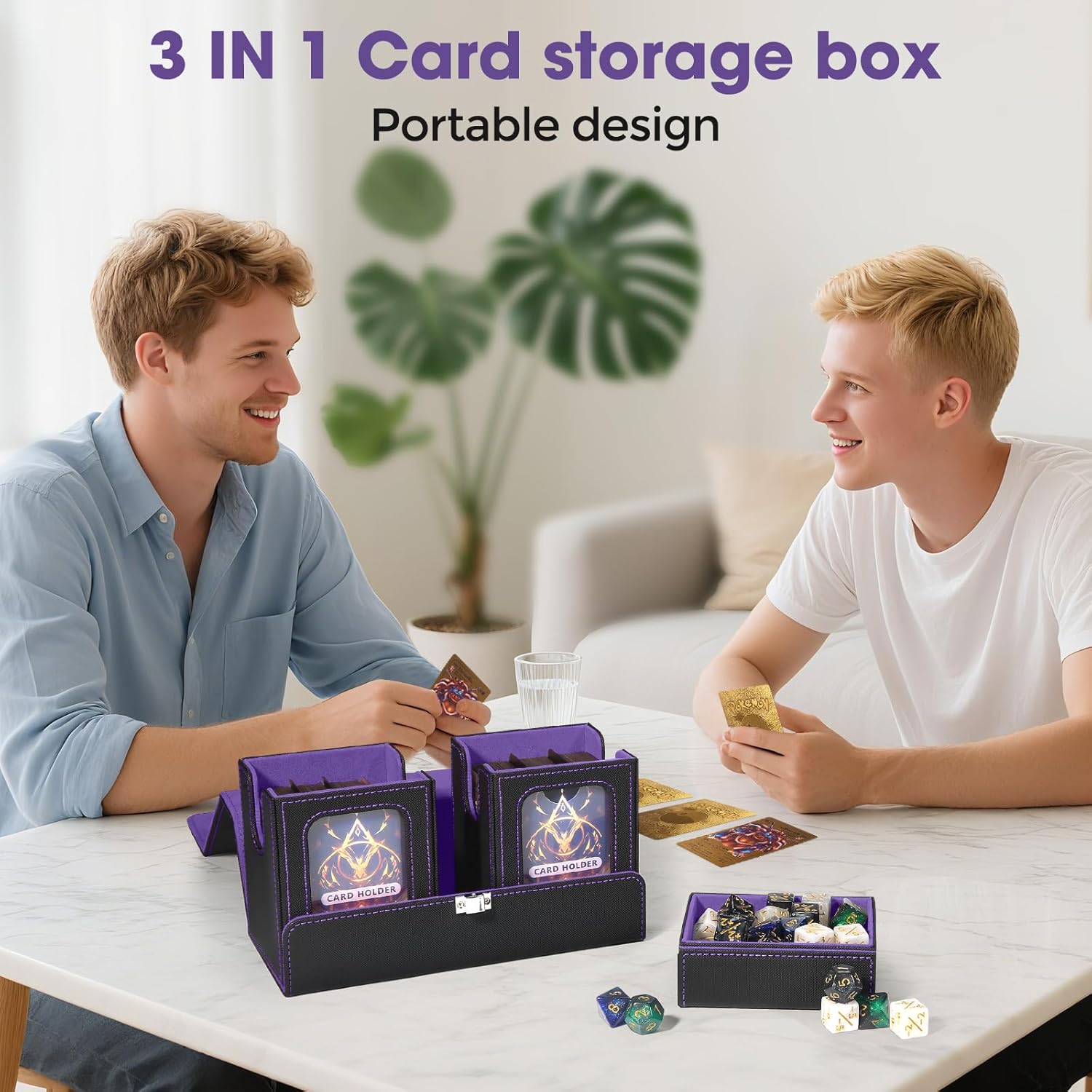 MTG Deck Box - Commander Deck Box Fits 200+ Double-Sleeved Cards, 3-in-1 Magnetic Card Storage Box with 2 Commander Display & 4Dividers & Dice Tray Fits for TCG CCG Magic Cards(Black & Purple)