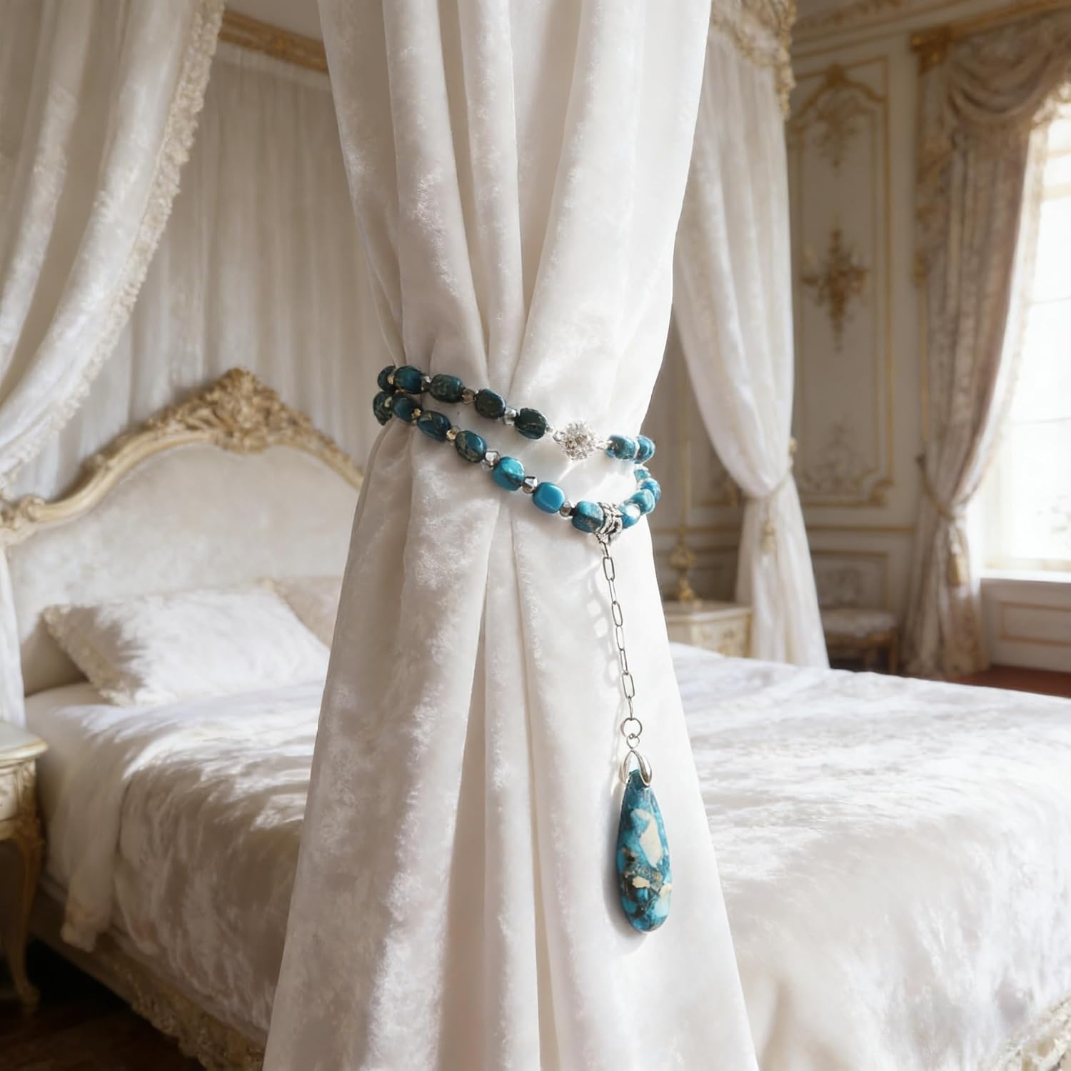Magnetic Curtain Tiebacks, 2 Pack Boho Imperial Jasper Beads Curtain Ties, Curtain Holdbacks Home Decor for Drapes Curtain Tie Backs Holders for Wall (Blue)