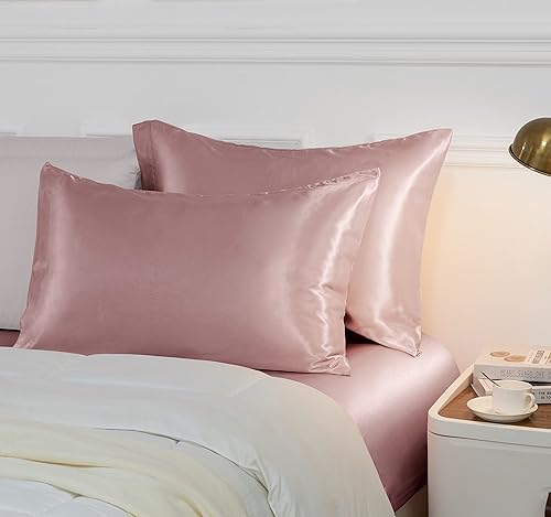 Miniatura 2 de Vonty 2 fundas de almohada estándar de satén  Fundas de almohada de 20 x 26 pulgadas, fundas de almohada color champán rosa para proteger la piel y
