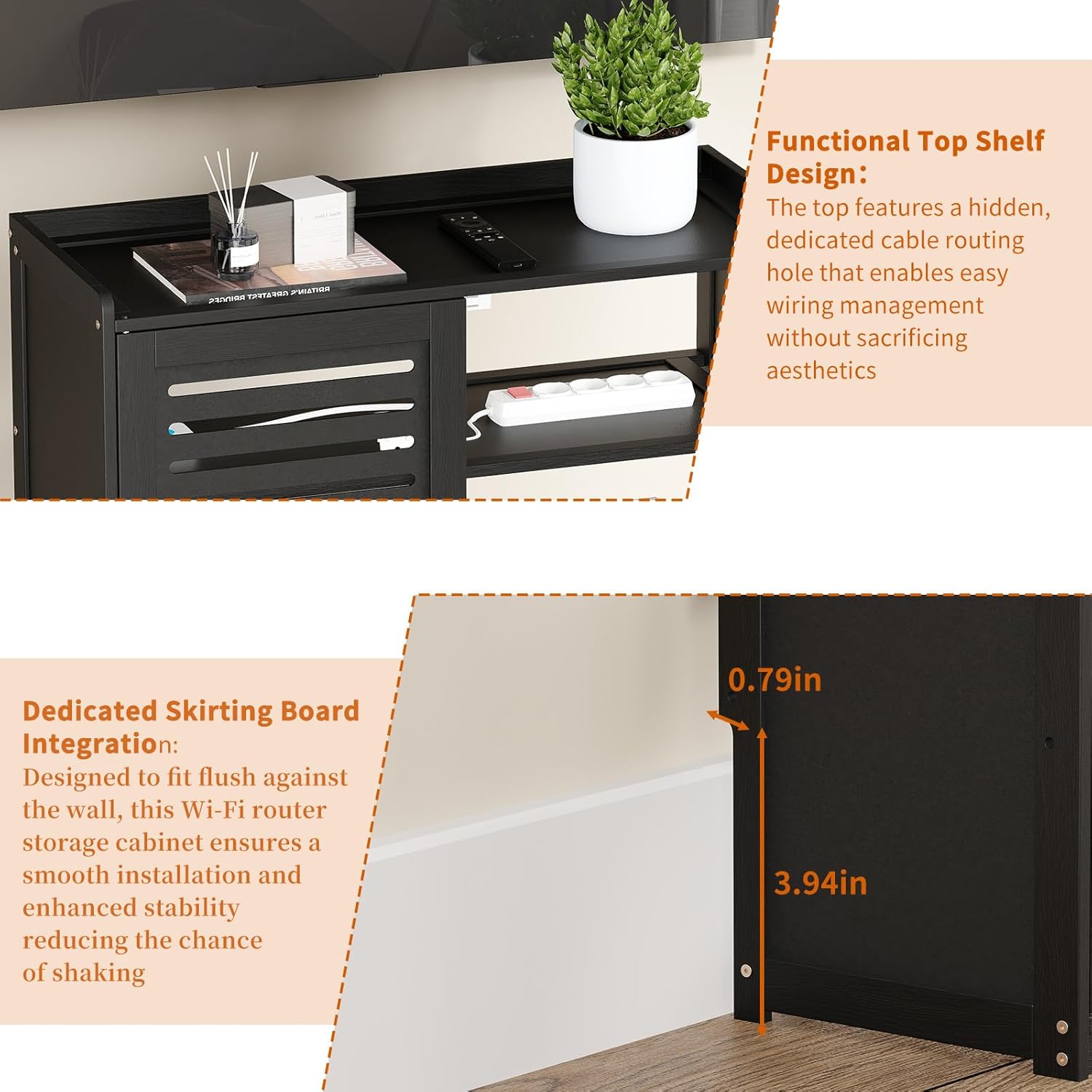 WiFi Router Storage Box – Multimedia Concealment Cabinet with Cable Management, Floor Standing WiFi Router Modem Storage, Perfect for Home and Office, Black