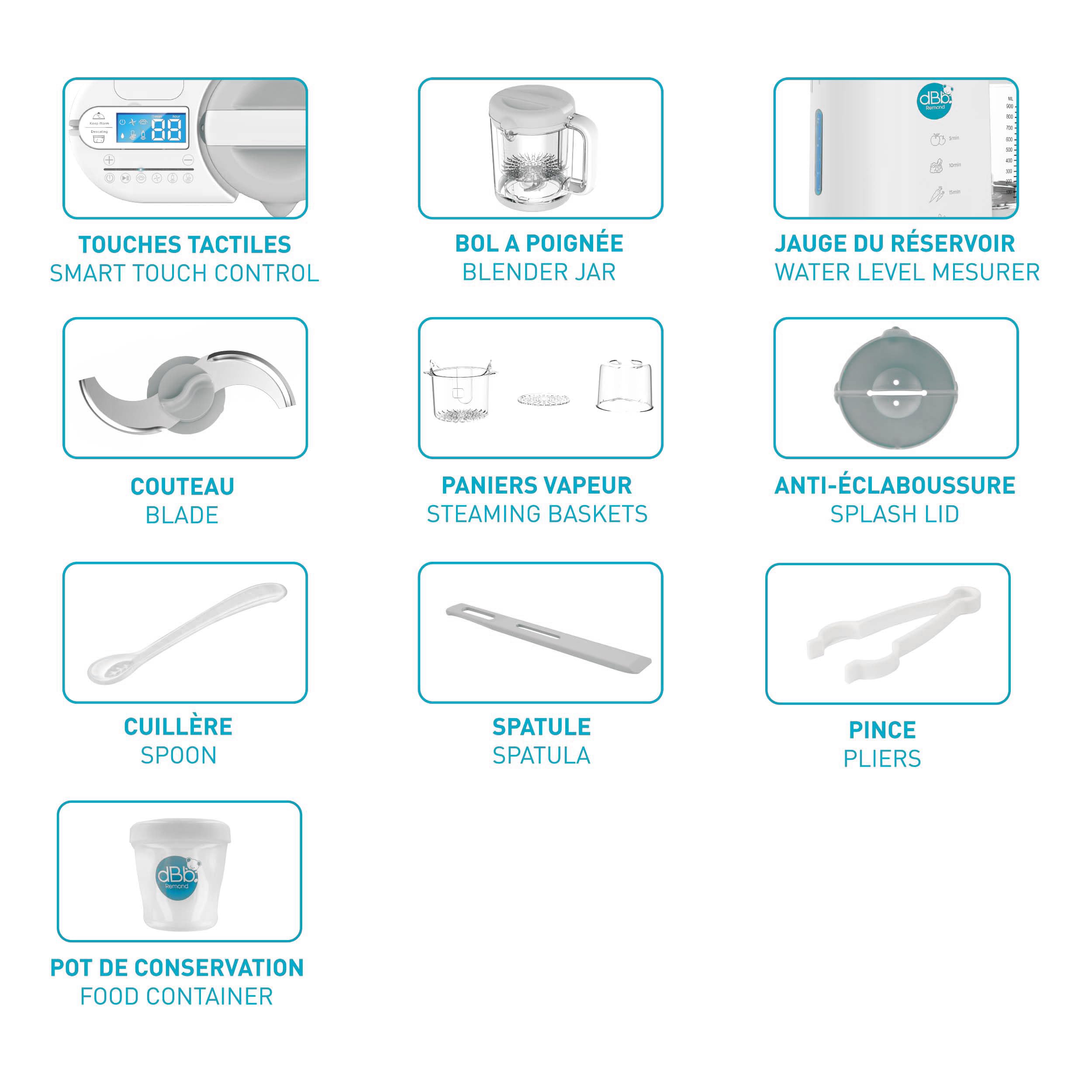 dBb Remond Robot Cuiseur Bébé Multifonctions 6 en 1 - Cuit Vapeur, Mixe, Hache, Stérilise, Chauffe et Décongèle - Auto Nettoyant - Repas Sains et Faciles pour Bébé - Capacité 1000 ml - Blanc & Gris