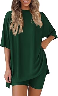 PRETTYGARDEN Women 2 Piece Lounge Set Airport Travel Outfit | Matching Summer Athleisure Sets, Short Sleeve Oversized Tshirts, Biker Shorts with Pockets, Casual Spring Cruise Clothes