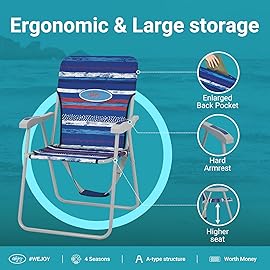 WEJOY Folding Beach Chair for Adults, Lightweight Beach Chair with Shoulder Straps, High Back Camping Chairs with Hard Armrest, Supports 300lbs for Outdoor Lawn Concert (Red Blue)