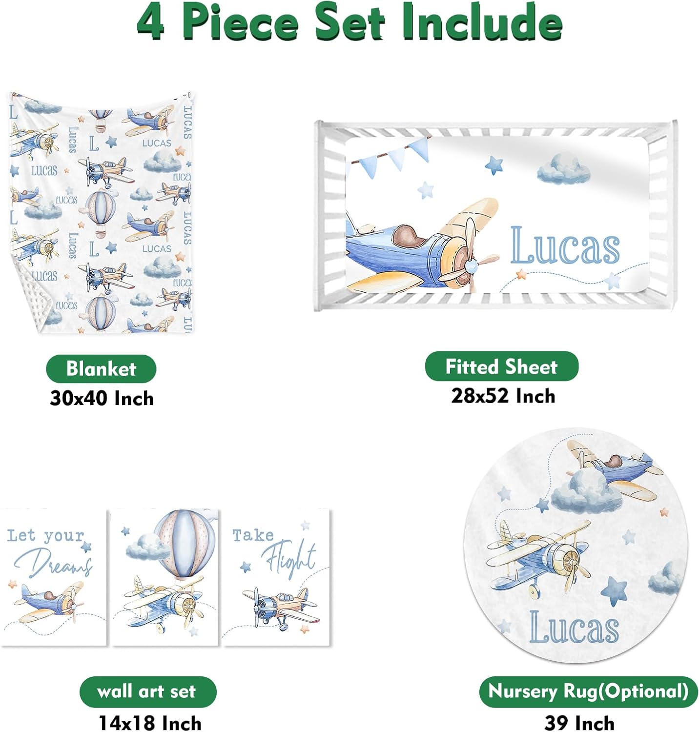 Custom Baby Crib Bedding Set,Personalized Name Toy Airplane Pattern Nursery Bed Set 4 Piece,Baby Blanket Fitted Sheet Nursery Rug Wall Art Set,Custom Room Decor Idea Gift for Newborns Boys Girls