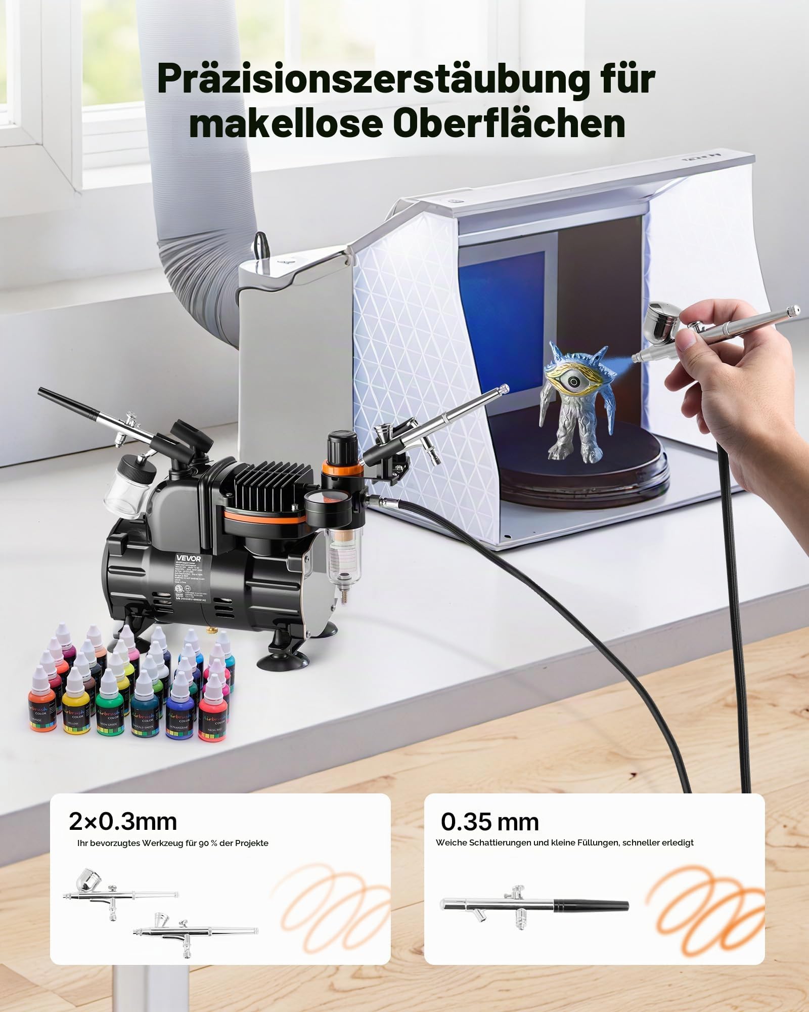VEVOR Airbrush Set 1/6 PS mit Luftkompressor, 3 Dual Action Airbrush Pistolen mit 3 Düsen (0,3/0,3/0,35mm) & Schlauch & Acrylfarbe, für Kuchendekoration Modellmalerei Nagelkunst geräuscharm