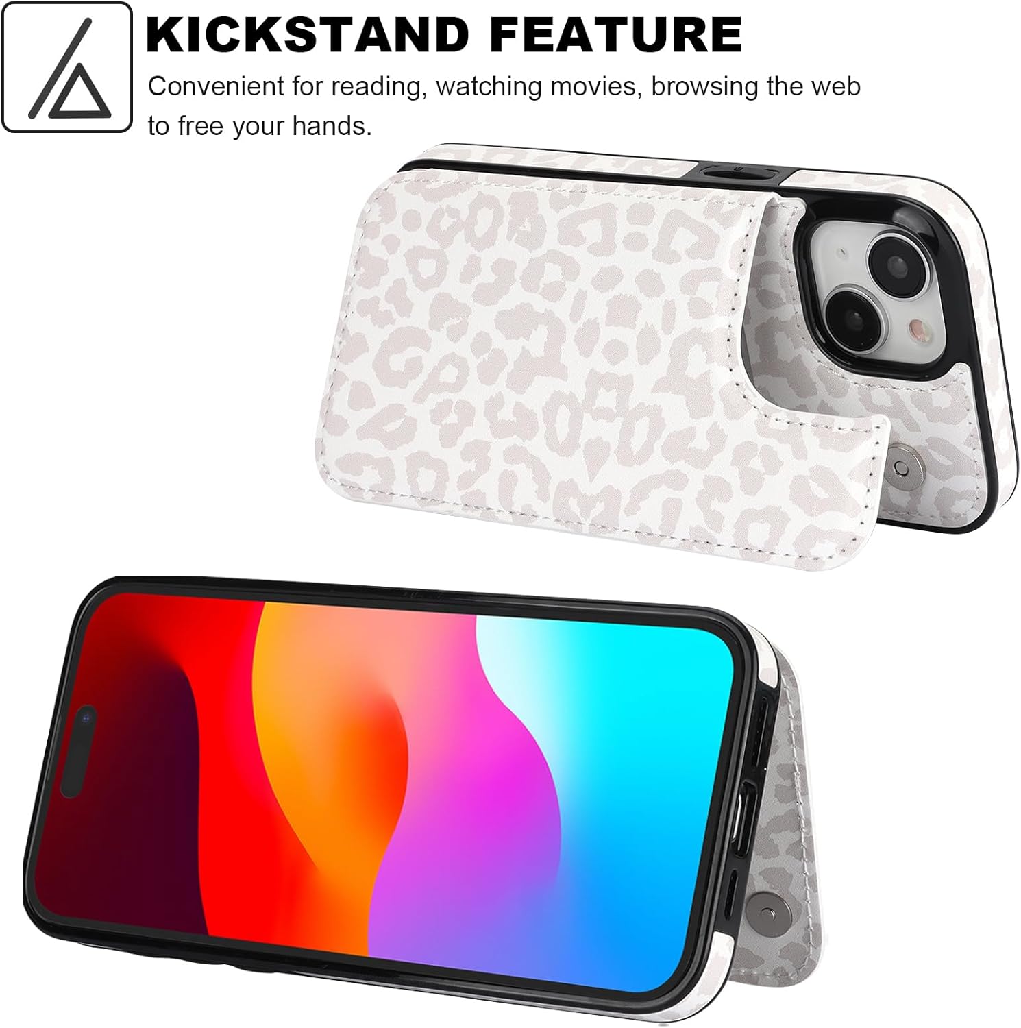 HAOPINSH for iPhone 15 Wallet Case with Card Holder, Floral Flower Pattern Back Flip Folio PU Leather Kickstand Card Slots Case for Women Girls, Double Magnetic Clasp Cover 6.1" (White Leopard) - Image 5