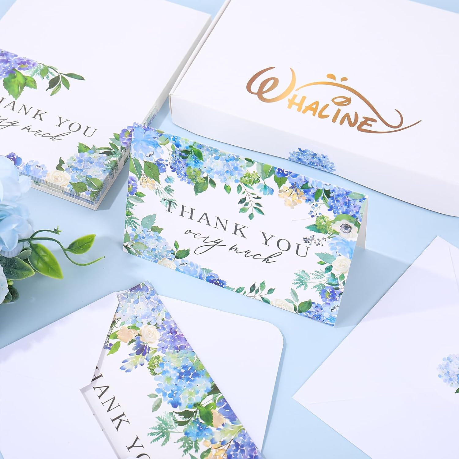 Whaline 50 Pack Hydrangea Thank You Cards Bulk Boxed Greeting Card Spring Summer Blue Purple Floral Blank Note Cards with Envelope Stickers for Wedding Baby Shower Birthday