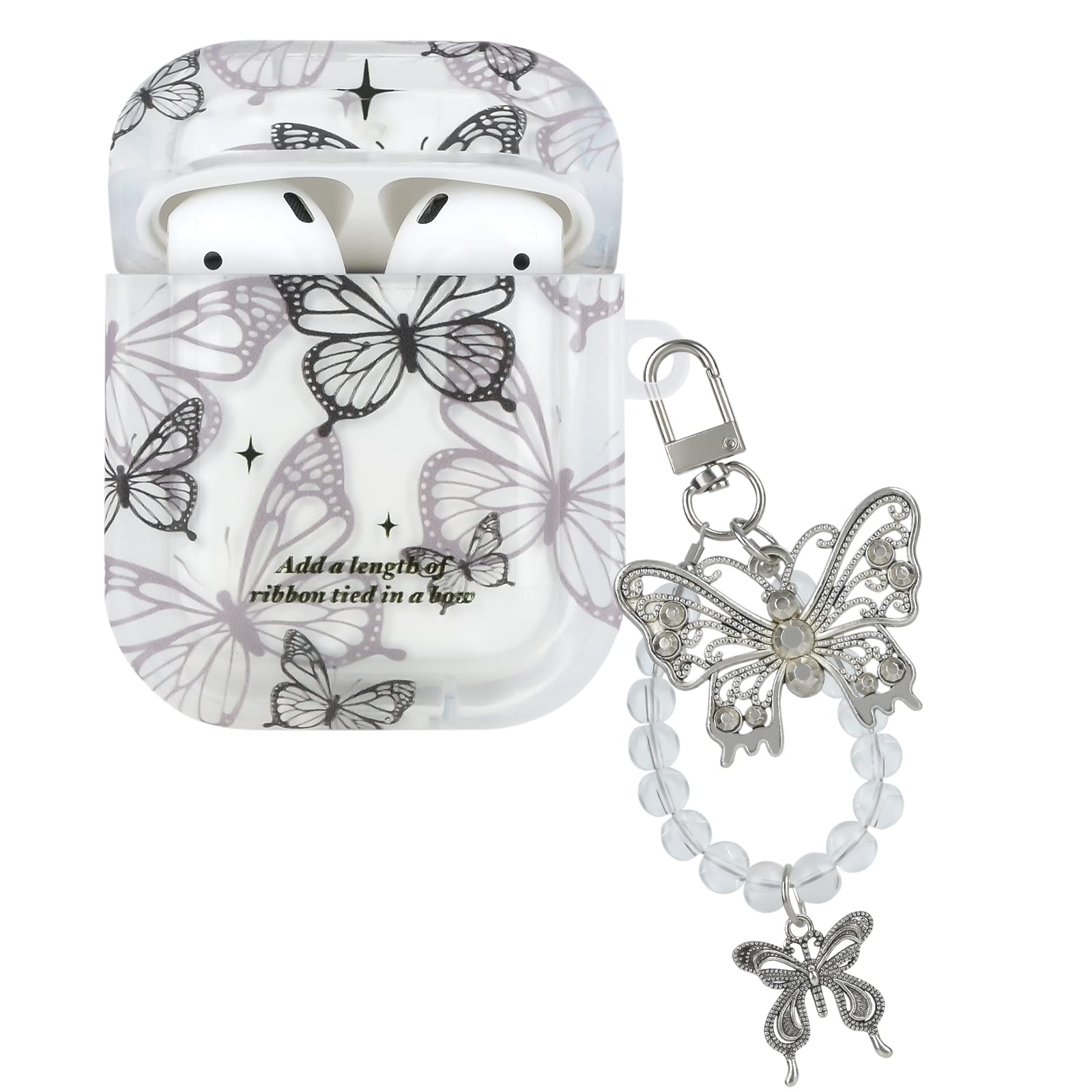 CameCosy for AirPods 1st&2nd Generation Case for Women with Silver Butterfly Keychain, Grey Butterfly Pattern Hard Shockproof Protective Premium Cover for AirPods 2nd Generation Case